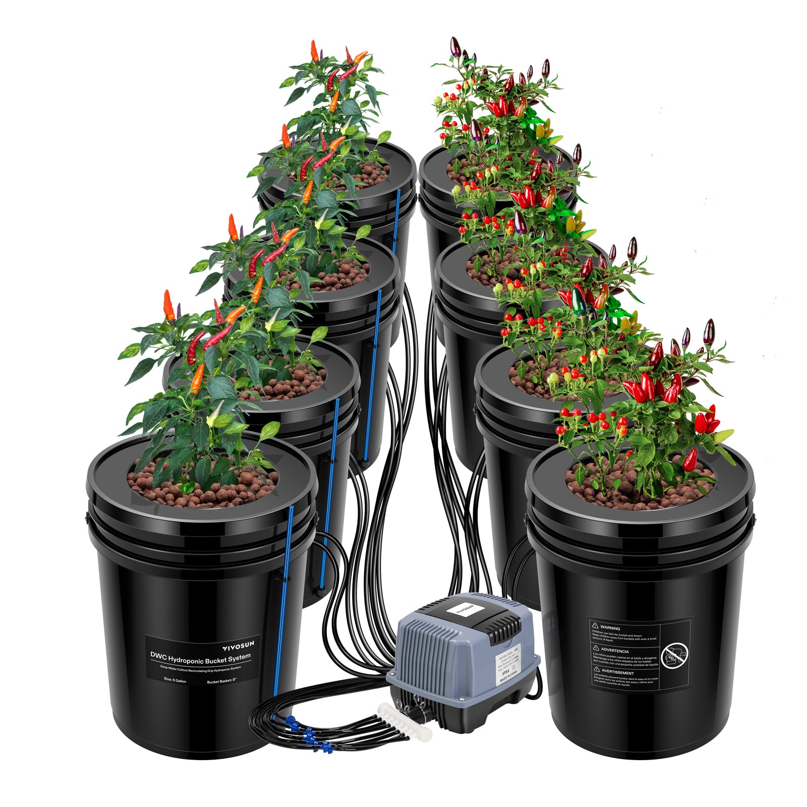 VIVOSUN DWC Hydroponics Grow System with Top Drip Kit, 5-Gallon Deep Water Culture, Recirculating Drip Garden System with Multi-Purpose Air Hose, Air Pump, and Air Stone (8 Buckets + Top Drip Kit)