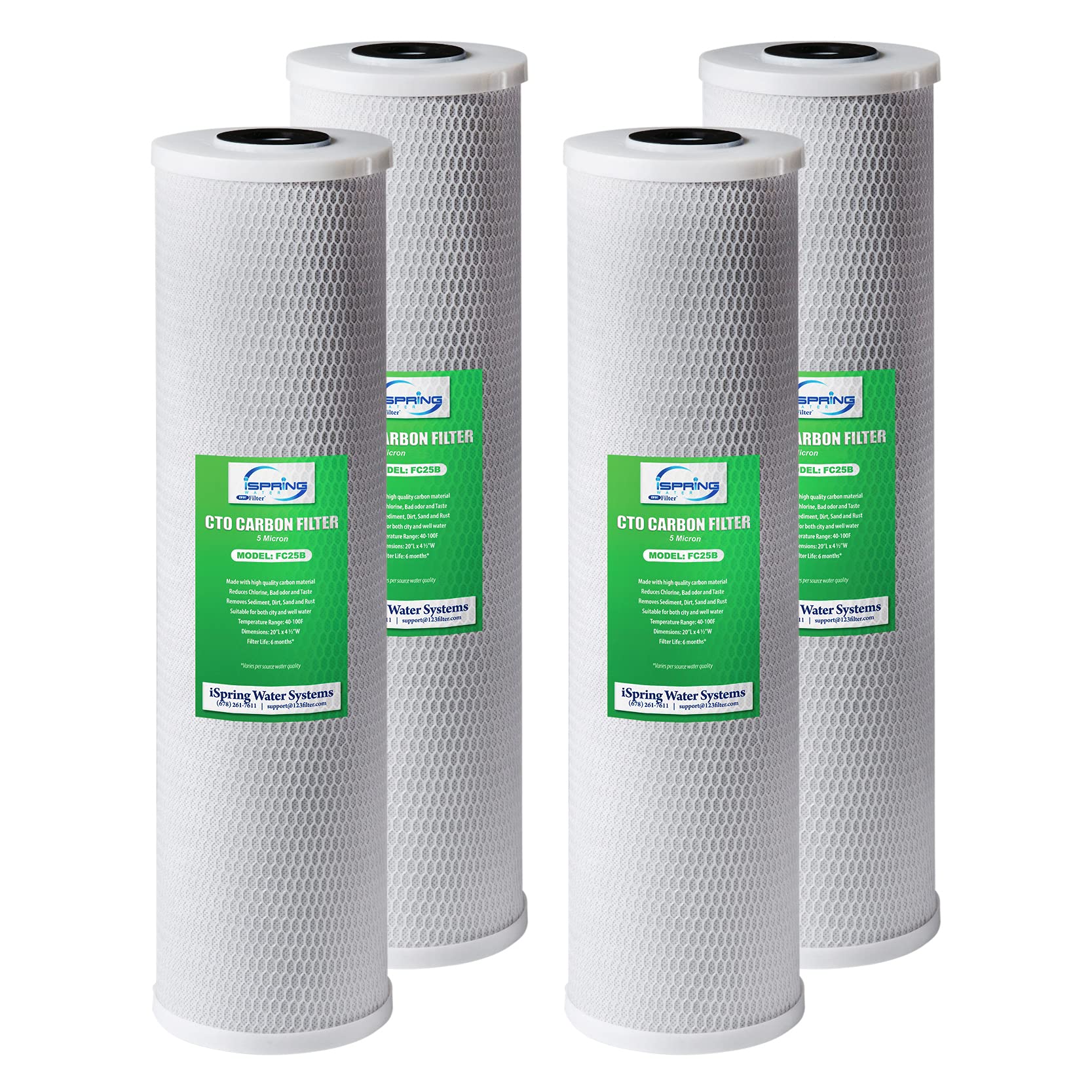 iSpring FC25BX4 High Capacity 4.5" x 20" Whole House Water Filter CTO Carbon Block, 4 Count (Pack of 1), White