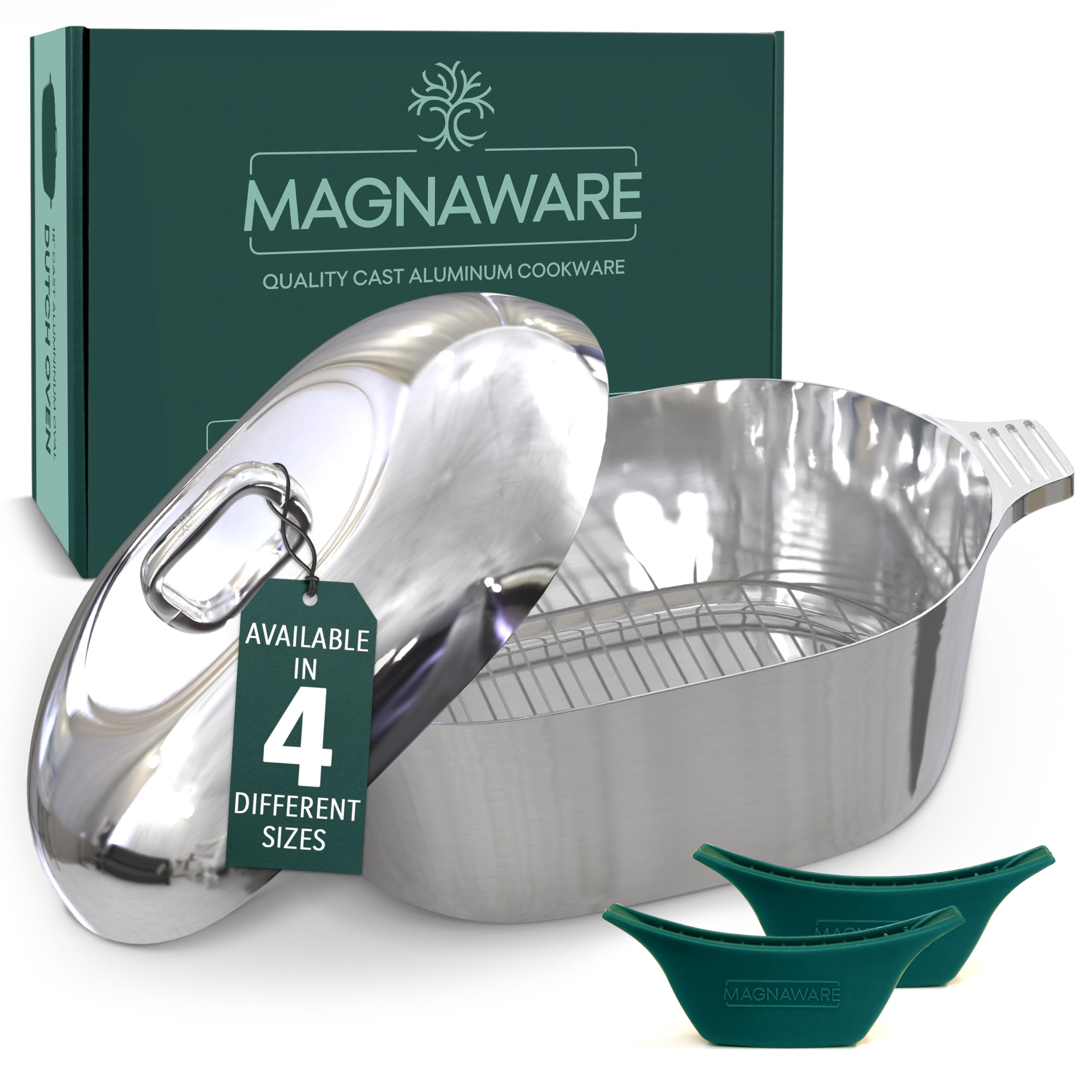 Magnaware Cast Aluminum Dutch Oven - 12.6 Quart Oval Lightweight Pot For Cajun Cookware, Bread Baking & More - Roaster Pan with Silicone Covers & Rack For Even Heat Distribution (18 Inch - X-Large)