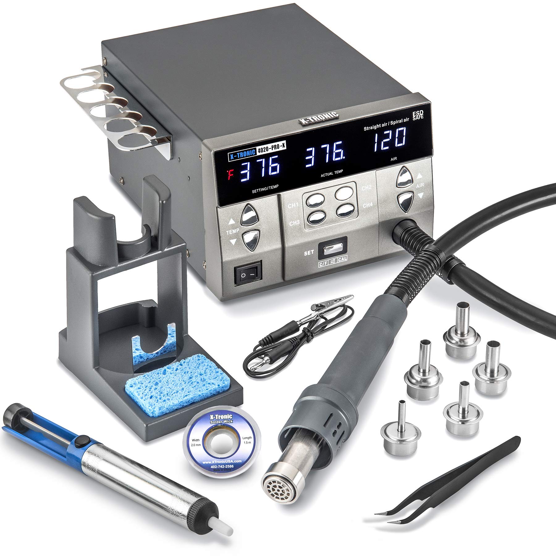 X-Tronic 4020-PRO-X • Hot Air Rework Station • 1000 Watt • Brushless DC Vortex Blower • Quick Change Nozzle Holder • 4 Presets • Temp Calibration, C/F, Auto Cool Down • 3 Straight/2 Spiral Nozzles!