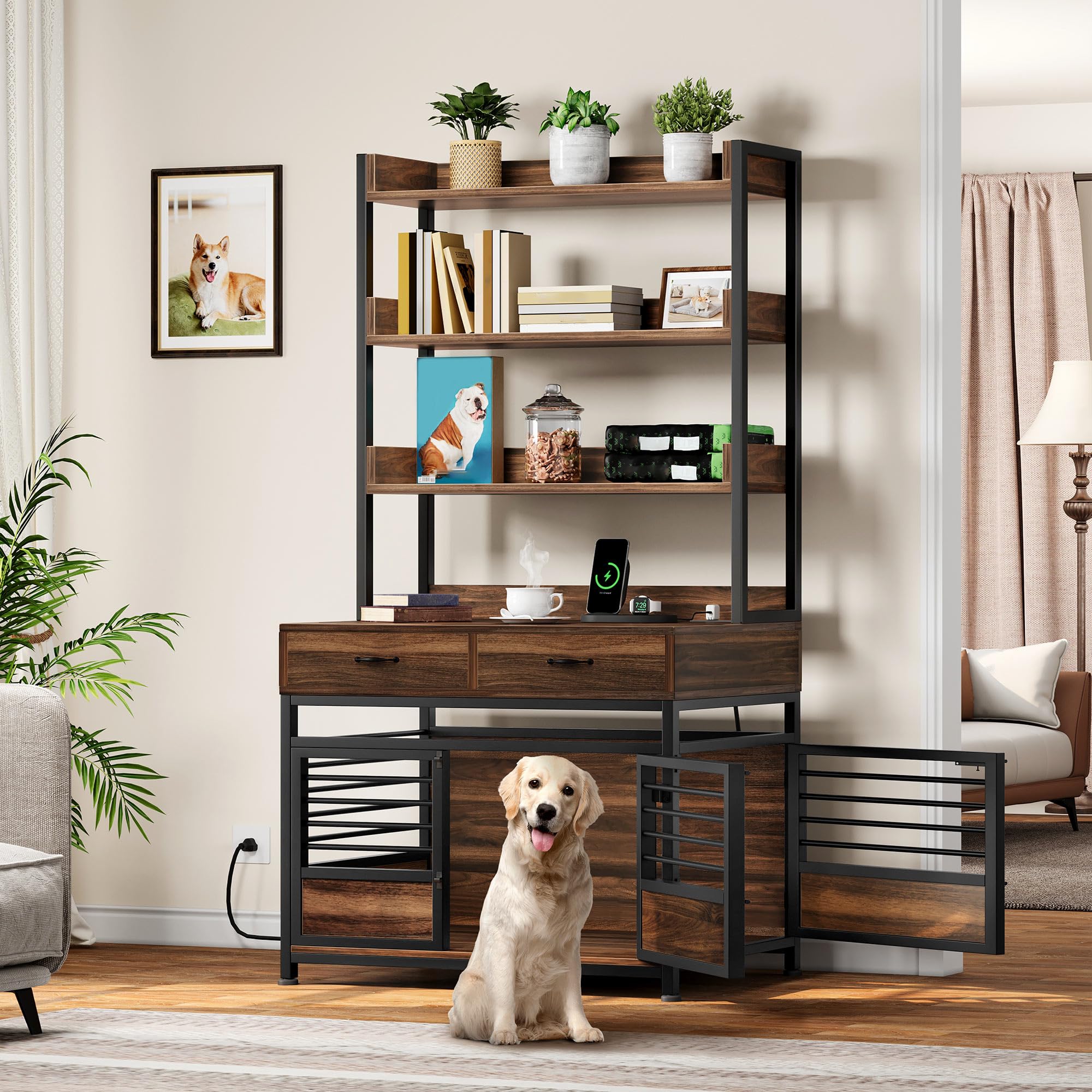 DWVO Dog Crate Furniture with Storage Shelves, Heavy Duty Dog Crate with Drawers & Charging Station, 39 Inch Dog Kennel Indoor Furniture for Large Dogs, Modern Dog Crate with Double Doors, Brown