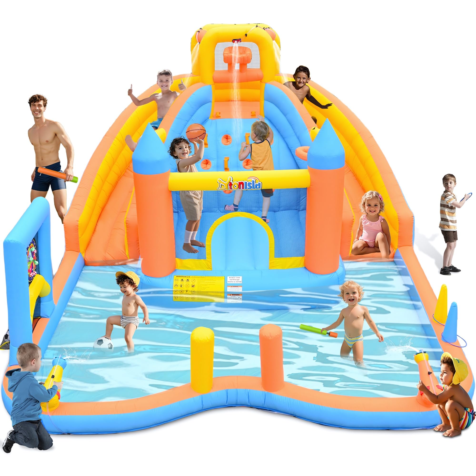 Inflatable Water Park Castle & Bounce House – Bouncy Trampoline, Double Slides, Climbing Wall & Splash Pool，Outdoor Playhouse for Kids with Water Guns, Ball Games & Accessory Kit, Air Blower 520W