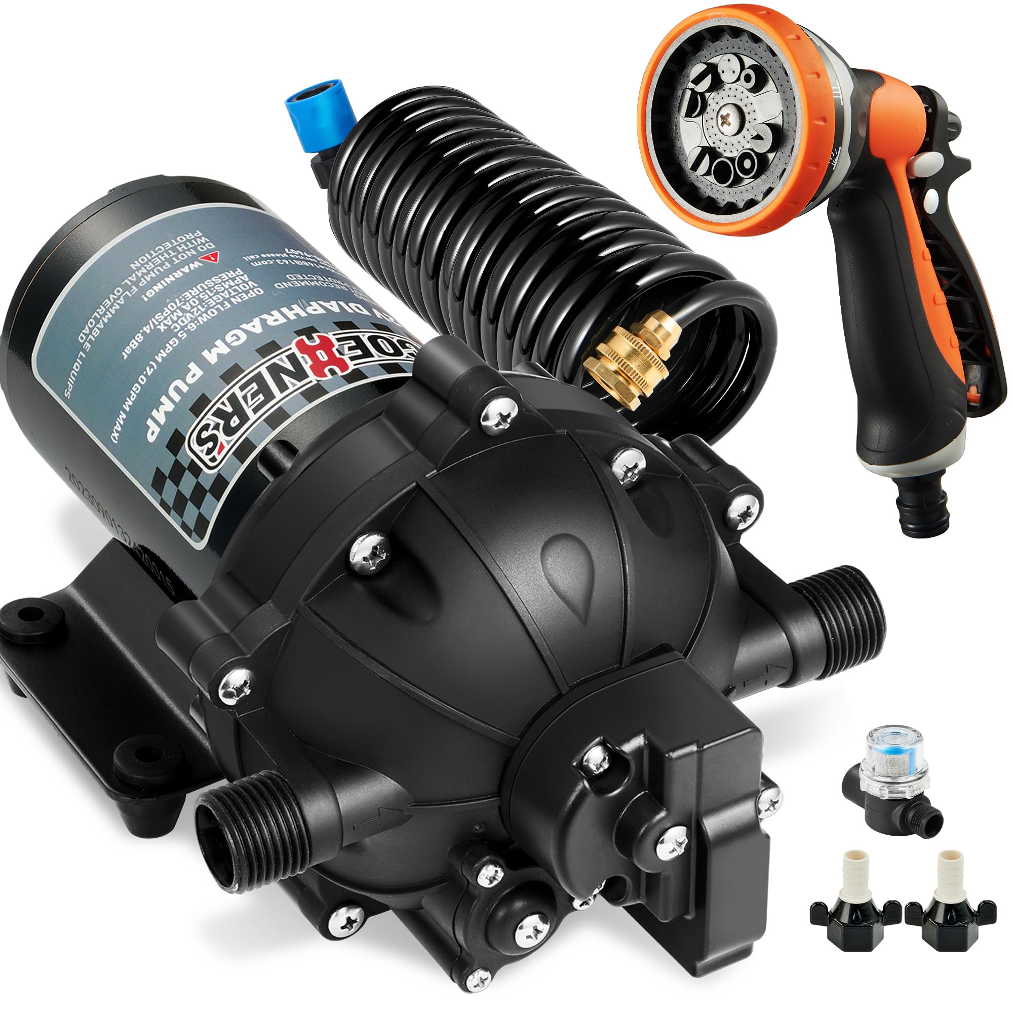 [Upgraded Version] Fresh Water Pump with Spray Gun, 12V DC Water Pump, 6.5GPM 70PSI Five Chamber Self-Priming Diaphragm Water Pump with Heavy Duty Pressure Switch and Strainer