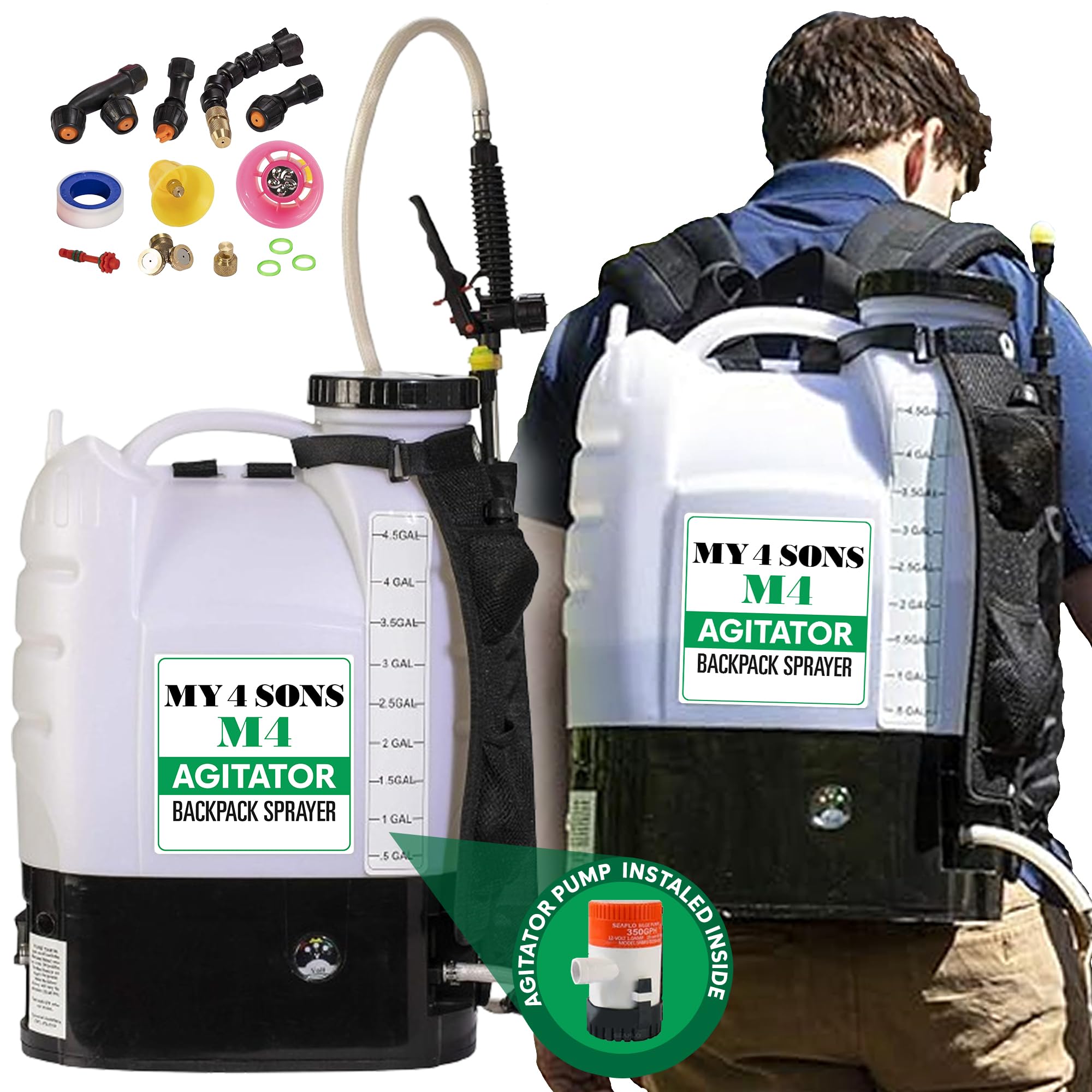 MY4SONS M4 4-Gallon Backpack Sprayer - Battery Powered, Adjustable Wand, Durable 4 Gallon Tank, Cordless Electric Sprayer Pump for Garden & Lawn - Heavy Duty, Waterproof Design with Built-in Agitator