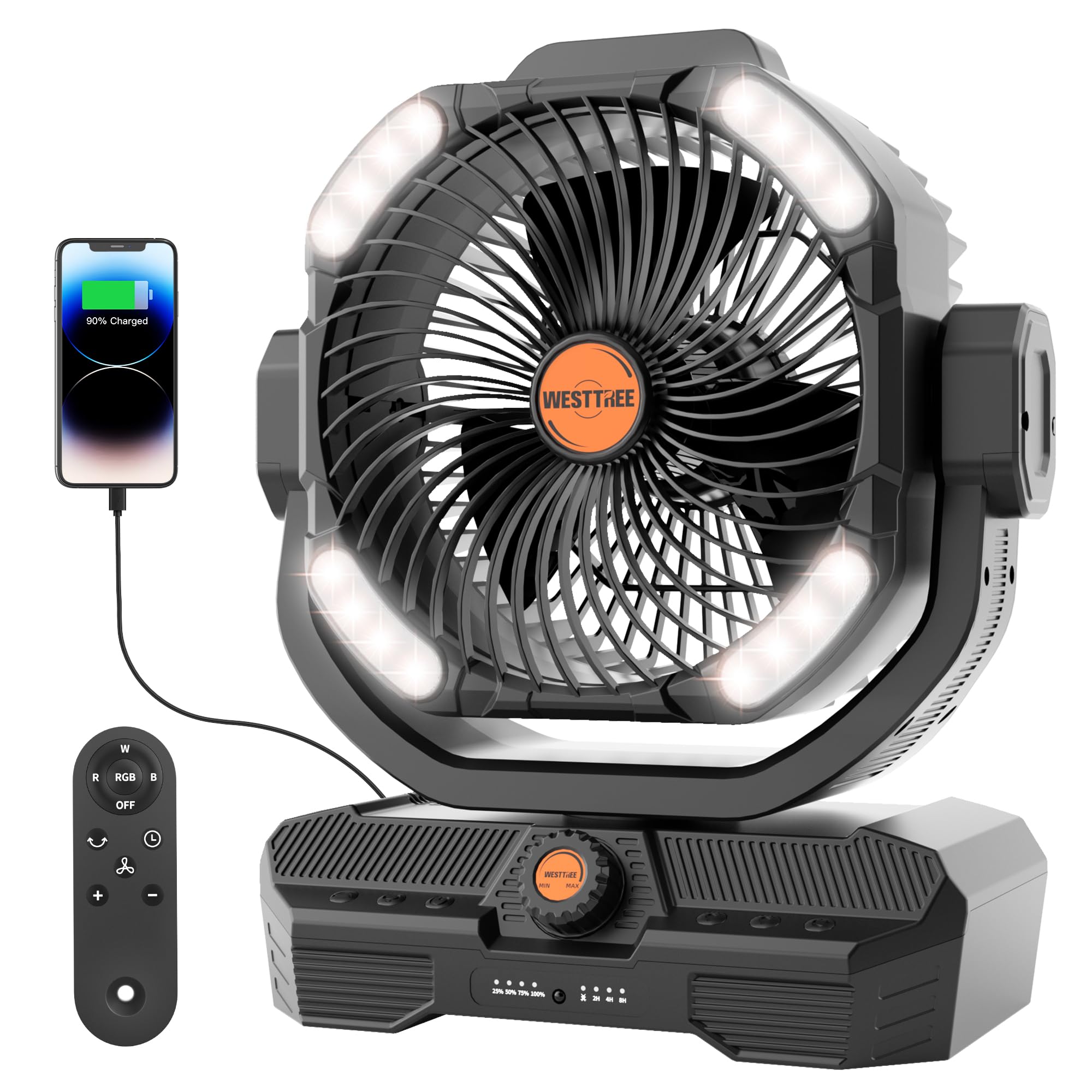 WESTTREE Battery Powered Fan Powerful Airflow Battery Operated Air Circulator Fan for Bedroom,Quiet & 360°Auto Oscillating Rechargeable Camping Fans with LED Light (RGBW) X66 Black