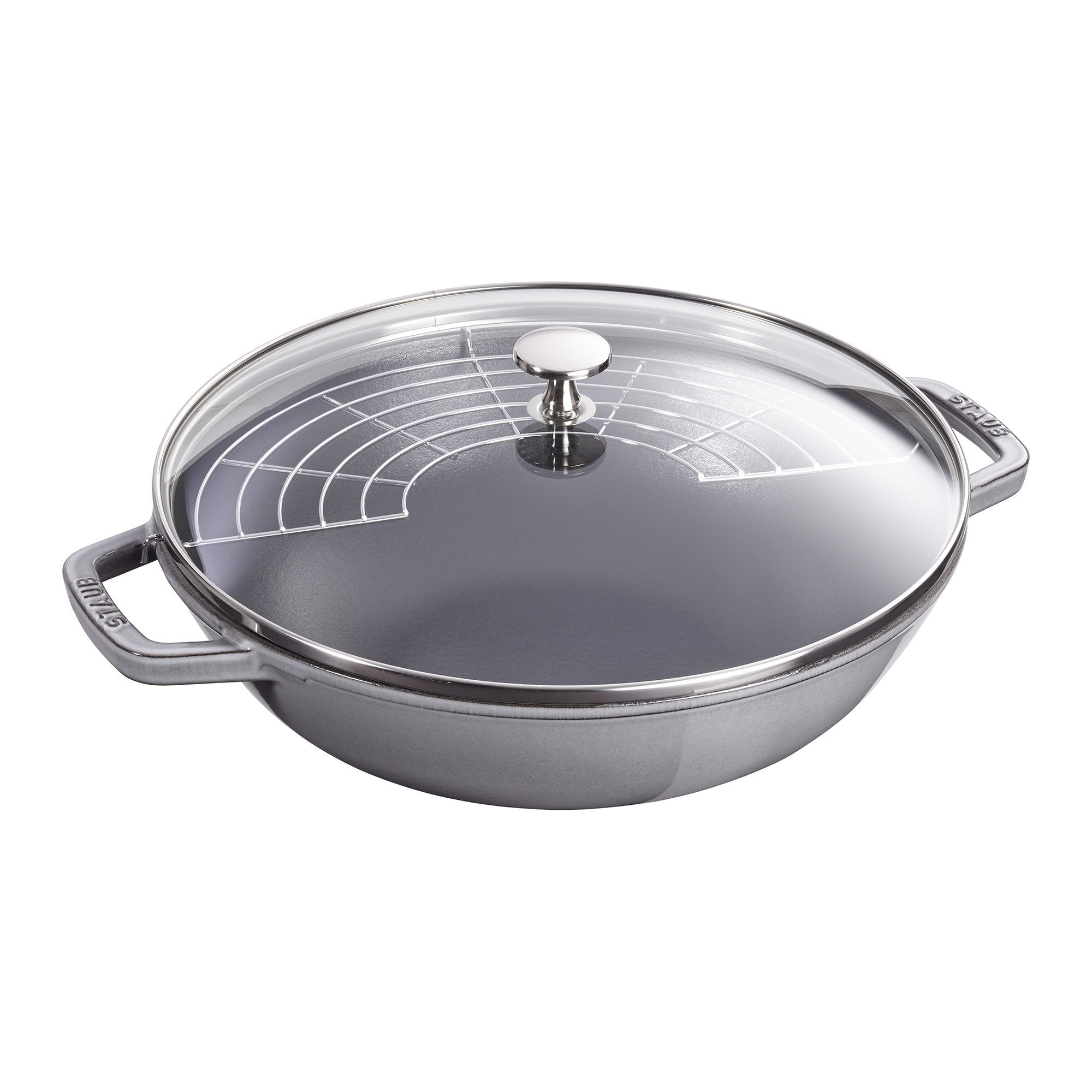 Staub Cast Iron Perfect Pan, Wok, Dutch Oven, 4.5-quart, serves 4-5, Made in France, Graphite Gray, Made in France