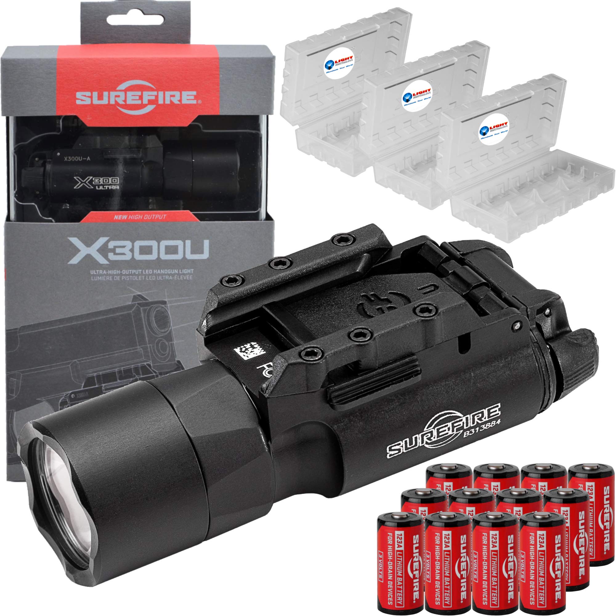 SureFire X300U-A Ultra High Output 1000 Lumens LED Weapon Light, Black, with 12 Extra CR123A and 3 Battery Cases - Universal/Picatinny Lever Latch Rail Mount, Z-XBC Push/Toggle Switch, 6V