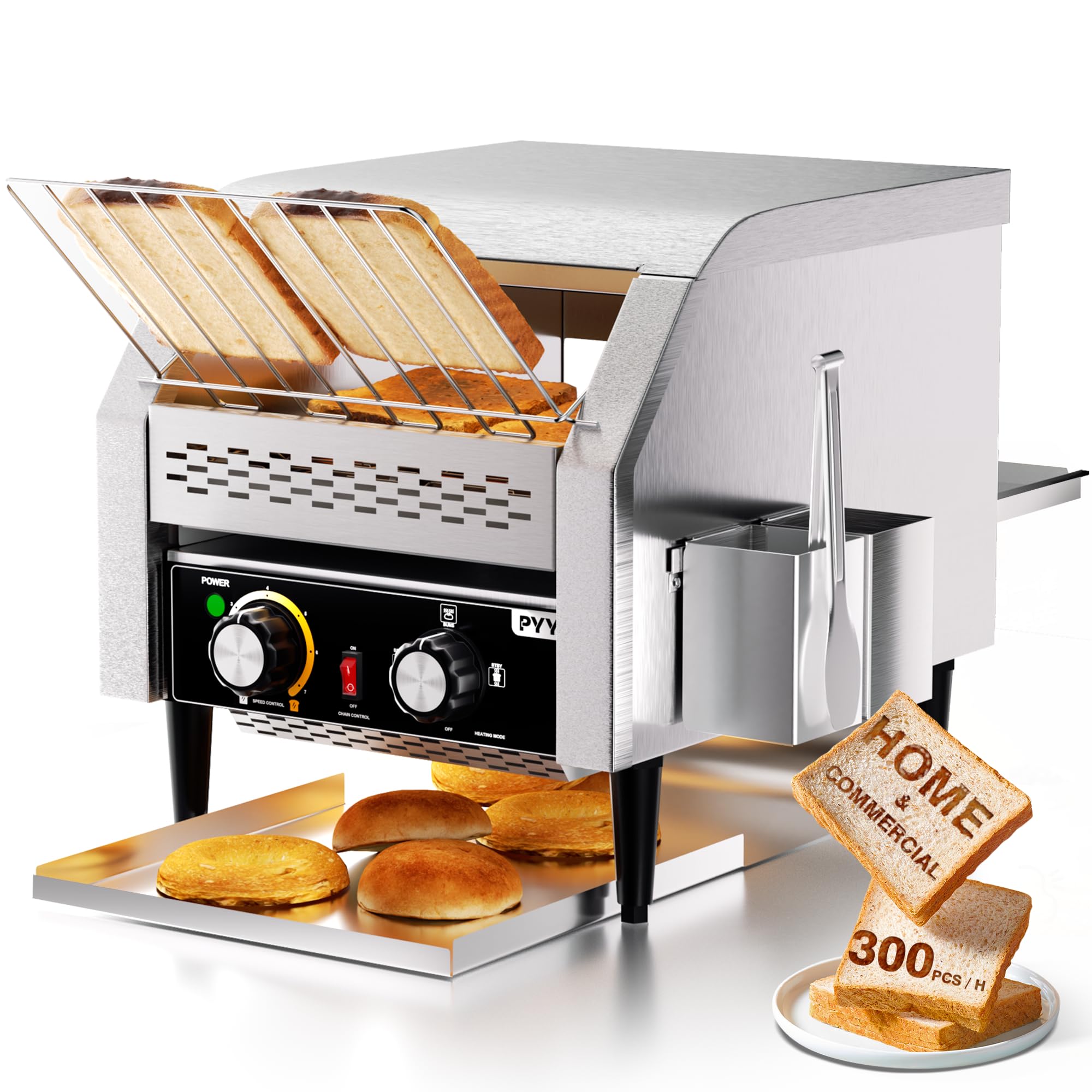 PYY Commercial Conveyor Toaster - 300 Slices/Hour Restaurant Toaster for Bun Bagel Bread, Heavy Duty Stainless Steel Conveyor Toaster, 1900W
