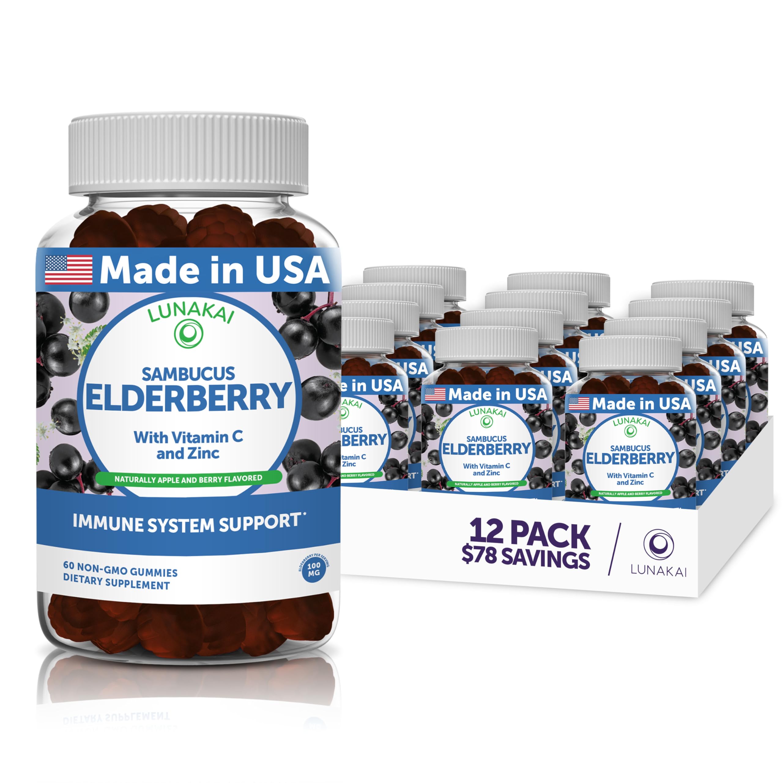 Lunakai Sambucus Elderberry Gummies with Zinc & Vitamin C for Adults & Kids - 100mg Black Elderberry Vitamins - Immune Support Supplement - Vegan, Non-GMO, No Corn Syrup - 12 Pack