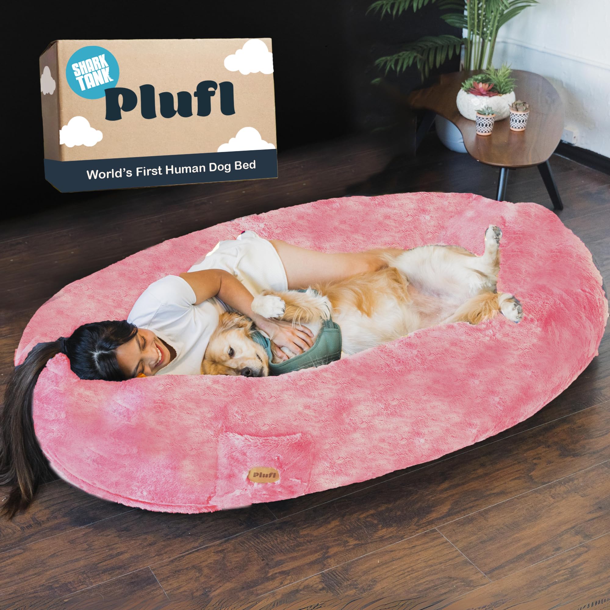 Plufl, The Original Human Dog Bed for Adults, Kids, and Pets. As Seen on Shark Tank. Comfy Plush Large Bean Bag with Memory Foam, Machine Washable, and Durable. Perfect nap and Floor Bed - Pink