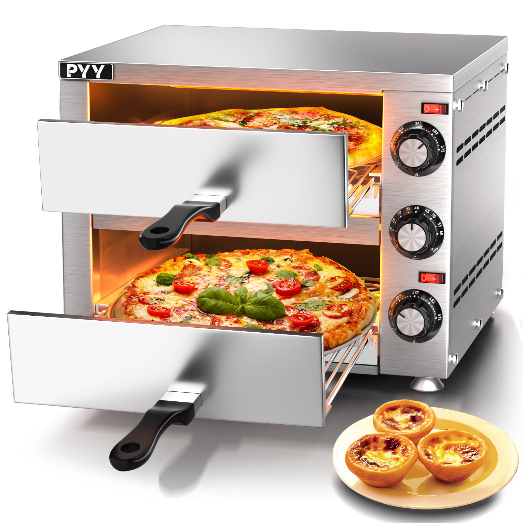 PYY Countertop Pizza Oven Electric Indoor Pizza Oven Commercial Stainless Steel 2-Layers Pizza Cooker with Timer for Home Restaurant Silver