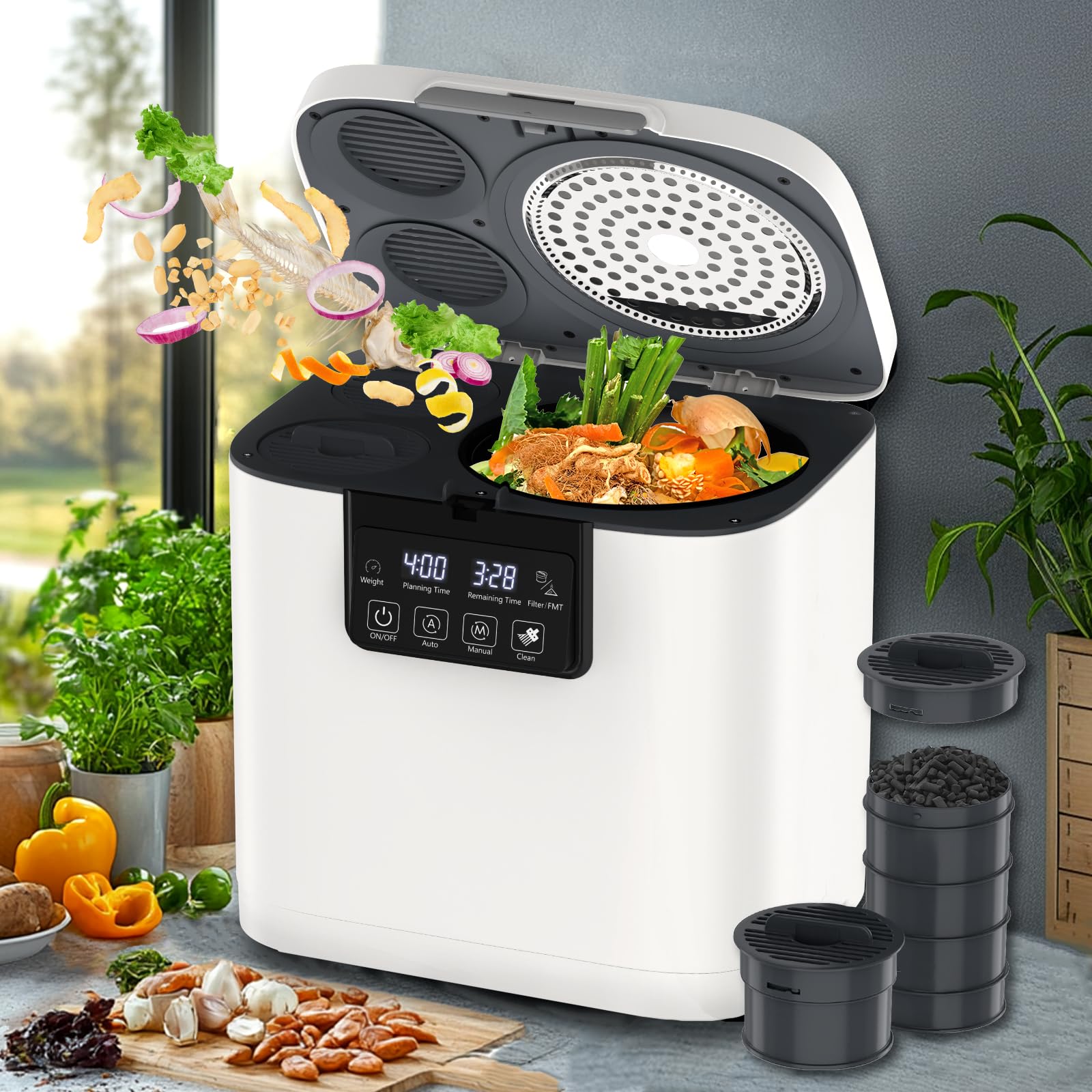 Cobuy 4L Electric Composter for Kitchen, Smart Indoor Countertop Compost Bin with Timer, Upgraded Grinding Blades, 2 Carbon Filter, Auto-Cleaning, Odorless, Turn Food Waste into Natural Fertilizer