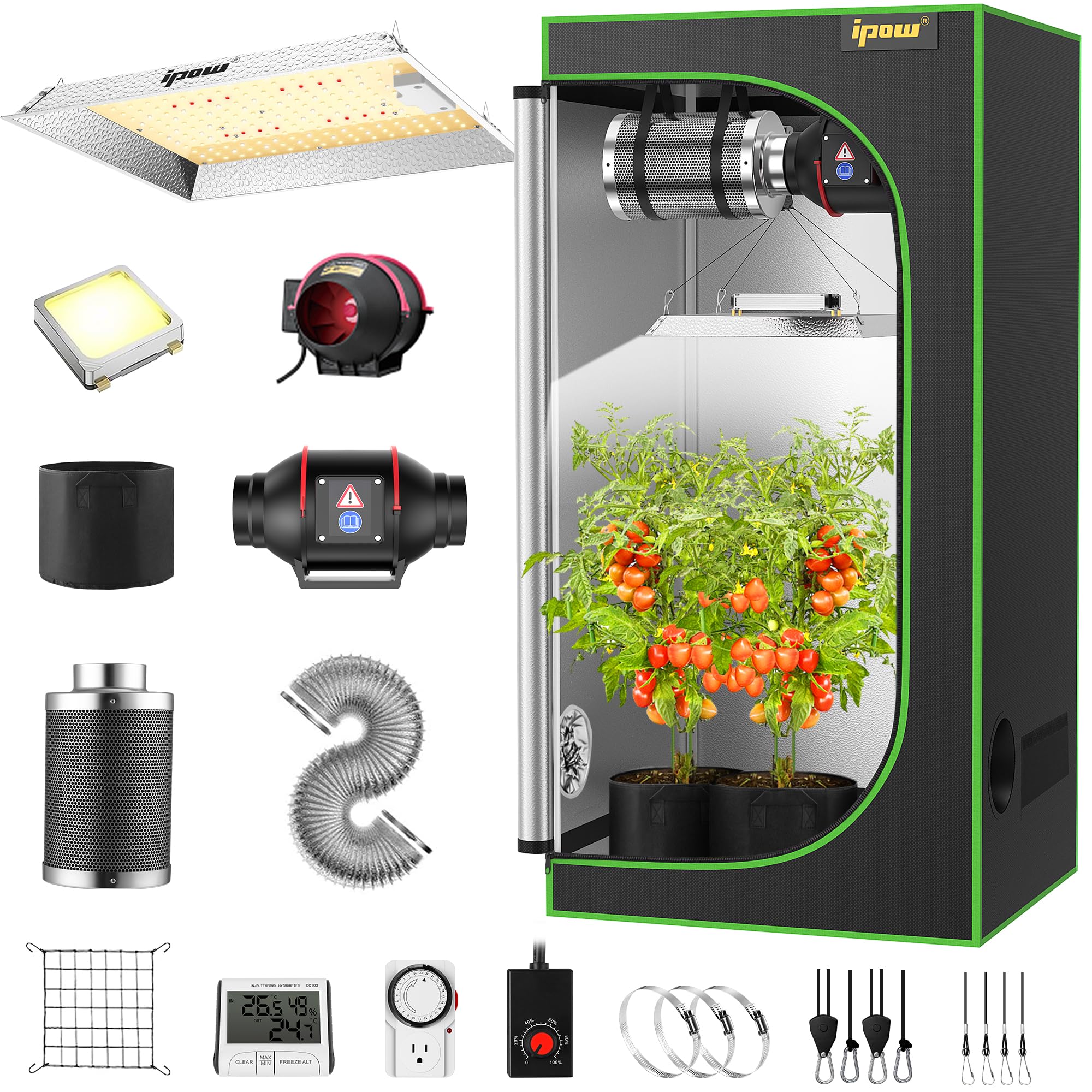 IPOW Grow Tent Kit Complete System 2x2 ft with VS1000 Led Grow Light, 4 Inch 190CFM Inline Fan, Carbon Filter and 8ft Ducting Combo, 24" x 24" x 55"
