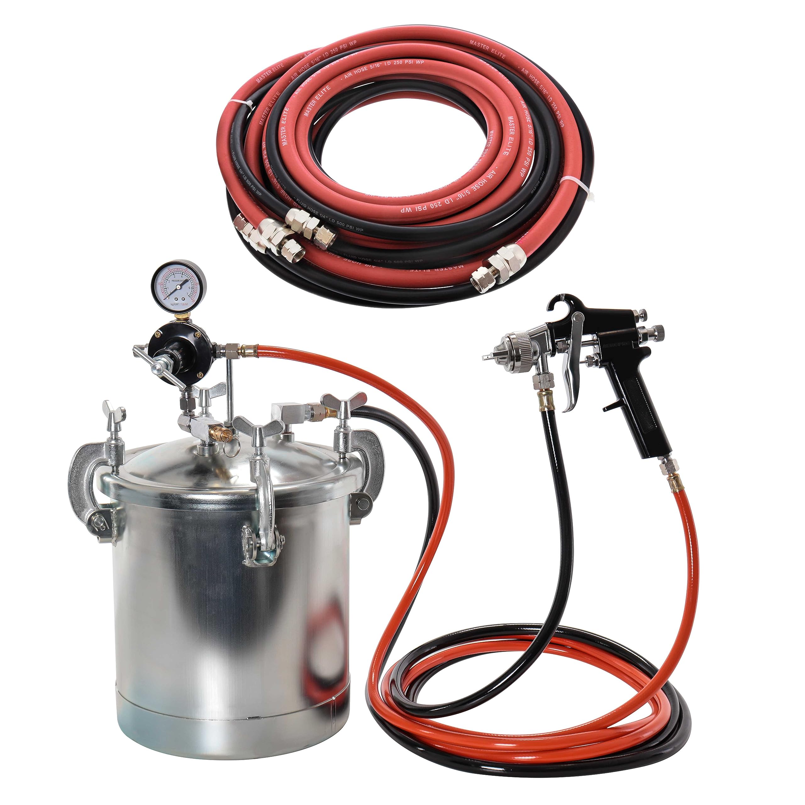 TCP Global Pressure Tank Paint Spray Gun with 1.5 Mm Nozzle 2-1/2 Gal. Pressure Pot & Spray Gun with Hoses and Master Elite Series 25 Foot Air and Fluid Hose Assembly Set with Fittings