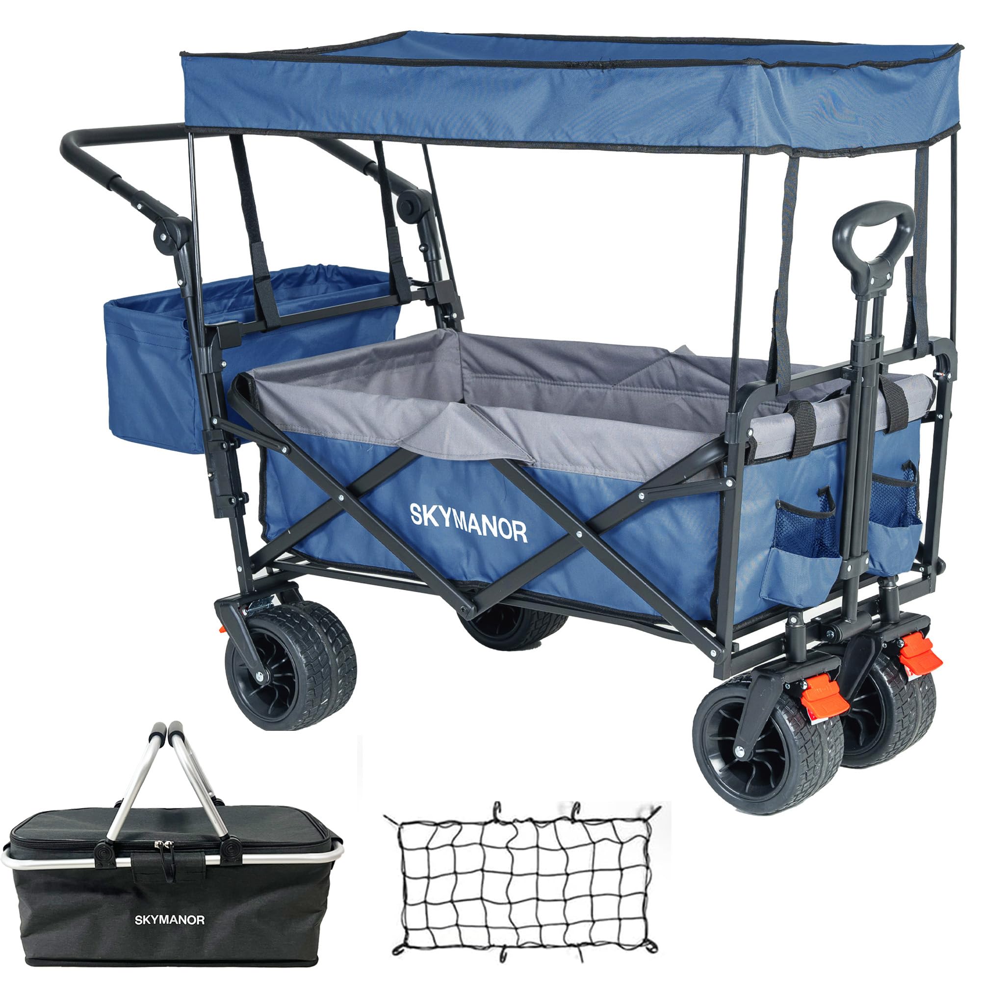 SKYMANOR Collapsible Wagon Folding Garden Cart with Removable Canopy Utility Heavy Duty Wagon Cart with All-Terrain Wheel Storage 4 Brake for Camping Shopping (Upgraded Canopy-Gray-Blue Splicing)
