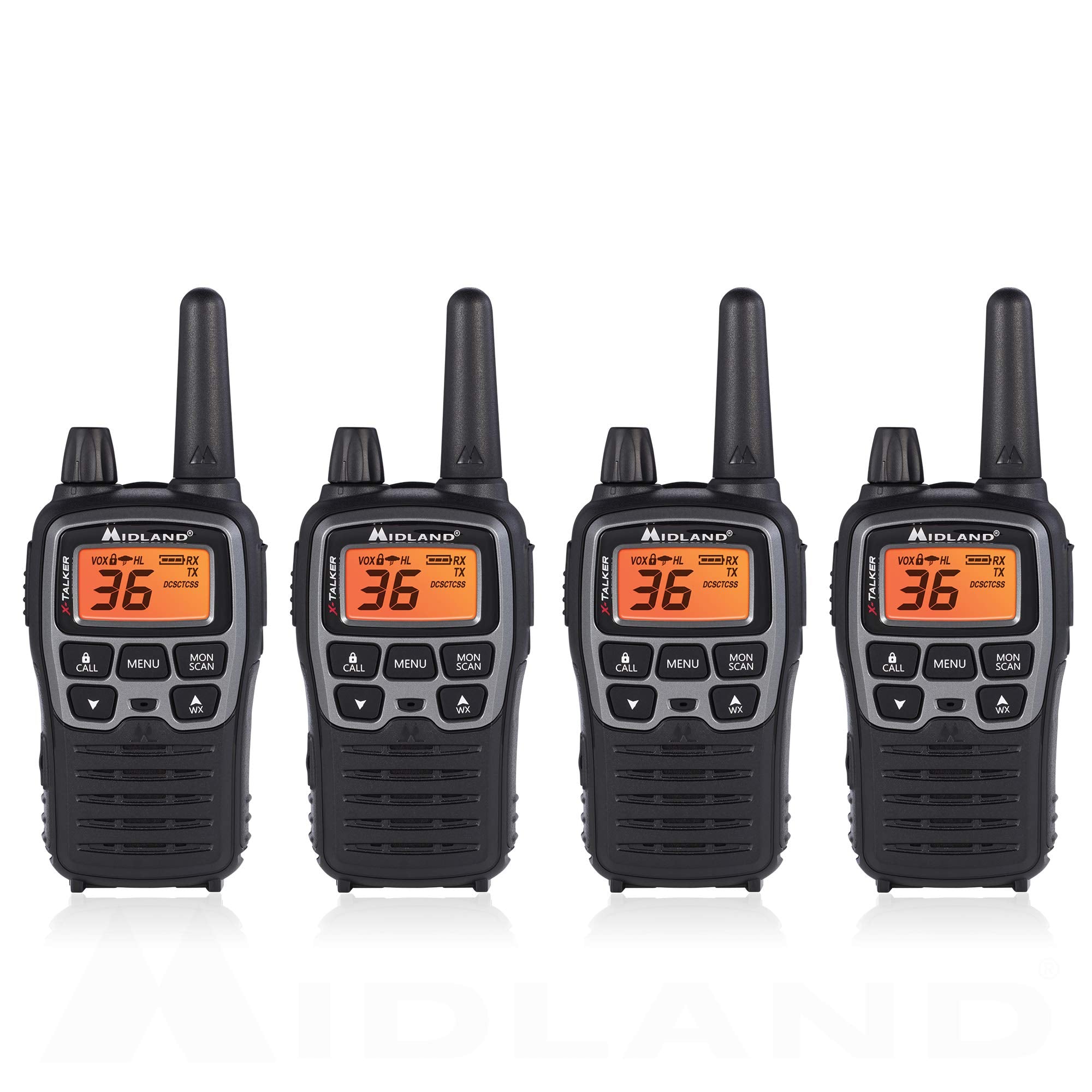 Midland T71VP3 36 Channel FRS Two-Way Radio - Up to 38 Mile Range Walkie Talkie - Black/Silver (Pack of 4), 6.2" x 1.3" x 2.3", Model Number: T71X4VP3