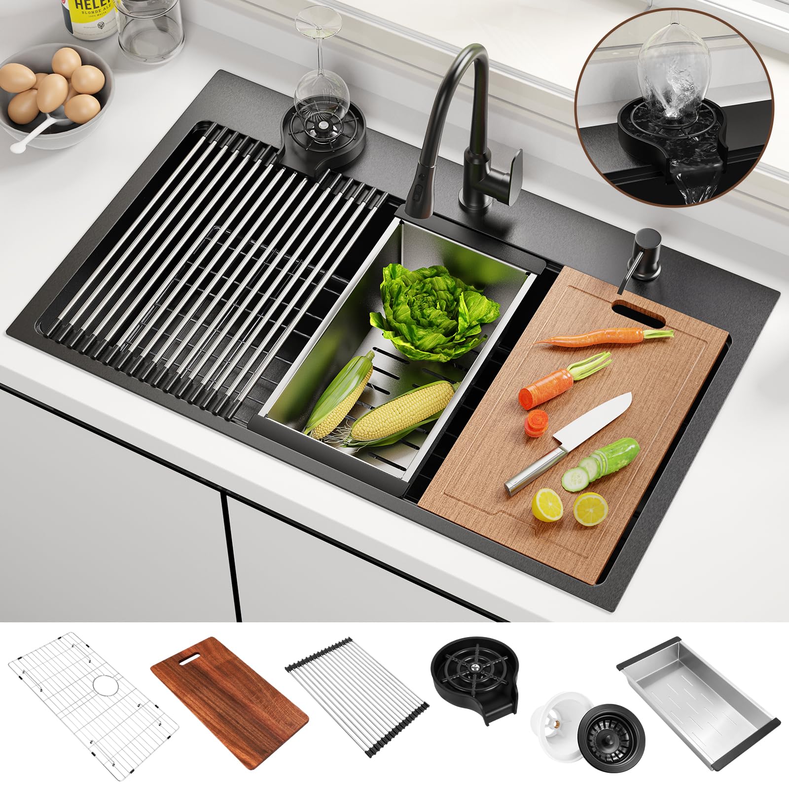BURCHAIN 33x22 Inch Kitchen Sink Black Drop In Stainless Steel Kitchen Sinks 16 Gauge Single Bowl Workstation Luxury Top Mount Sink with 6 Accessories Include Glass Rinser (Black)