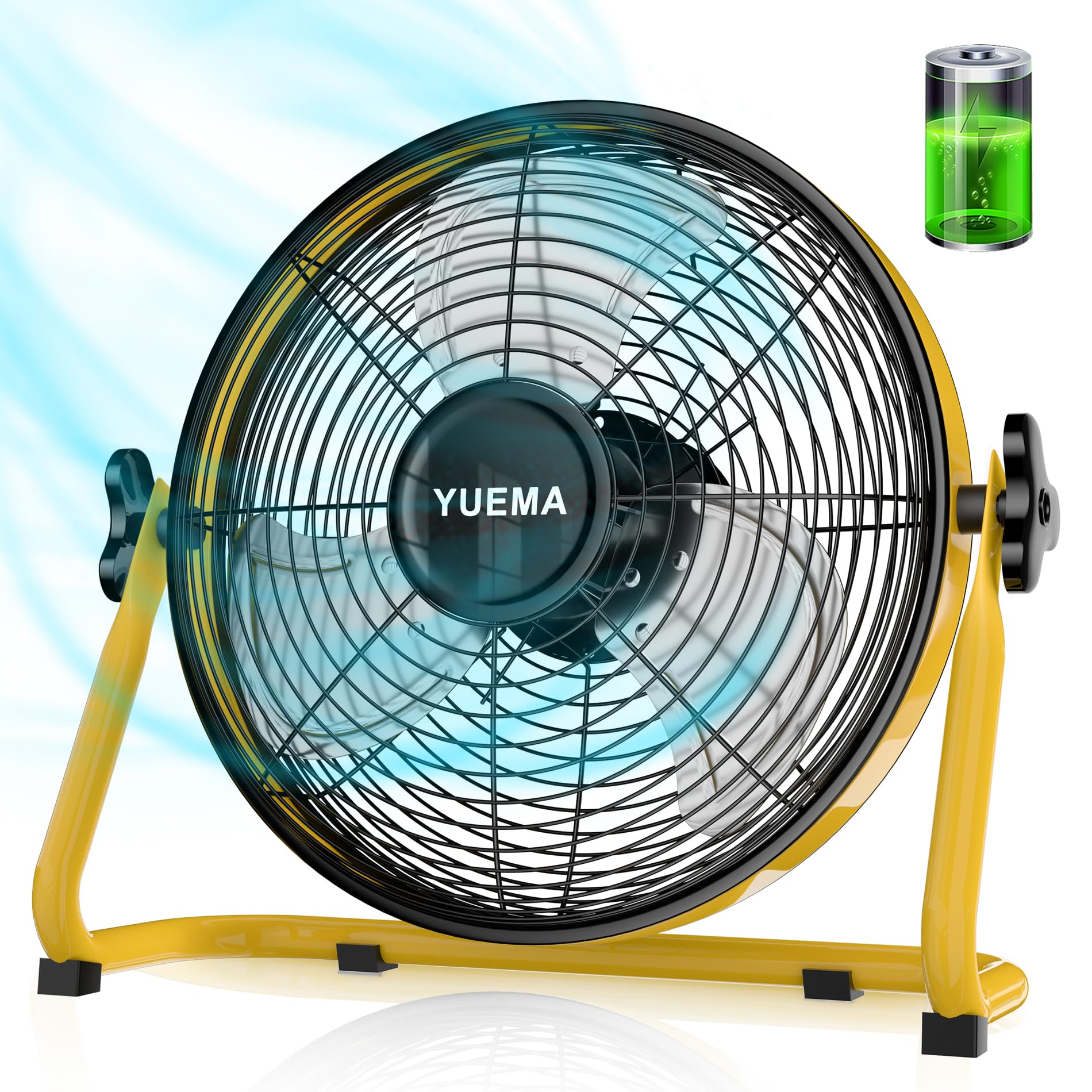 YUEMA Battery Operated Powered 16 Inch Floor Fan High Velocity Rechargeable Fan Cordless Metal Blade Portable Fan for Camping Travel Patio Tent Indoor Outdoor 360 Degree Manual Tilt 12 Speed