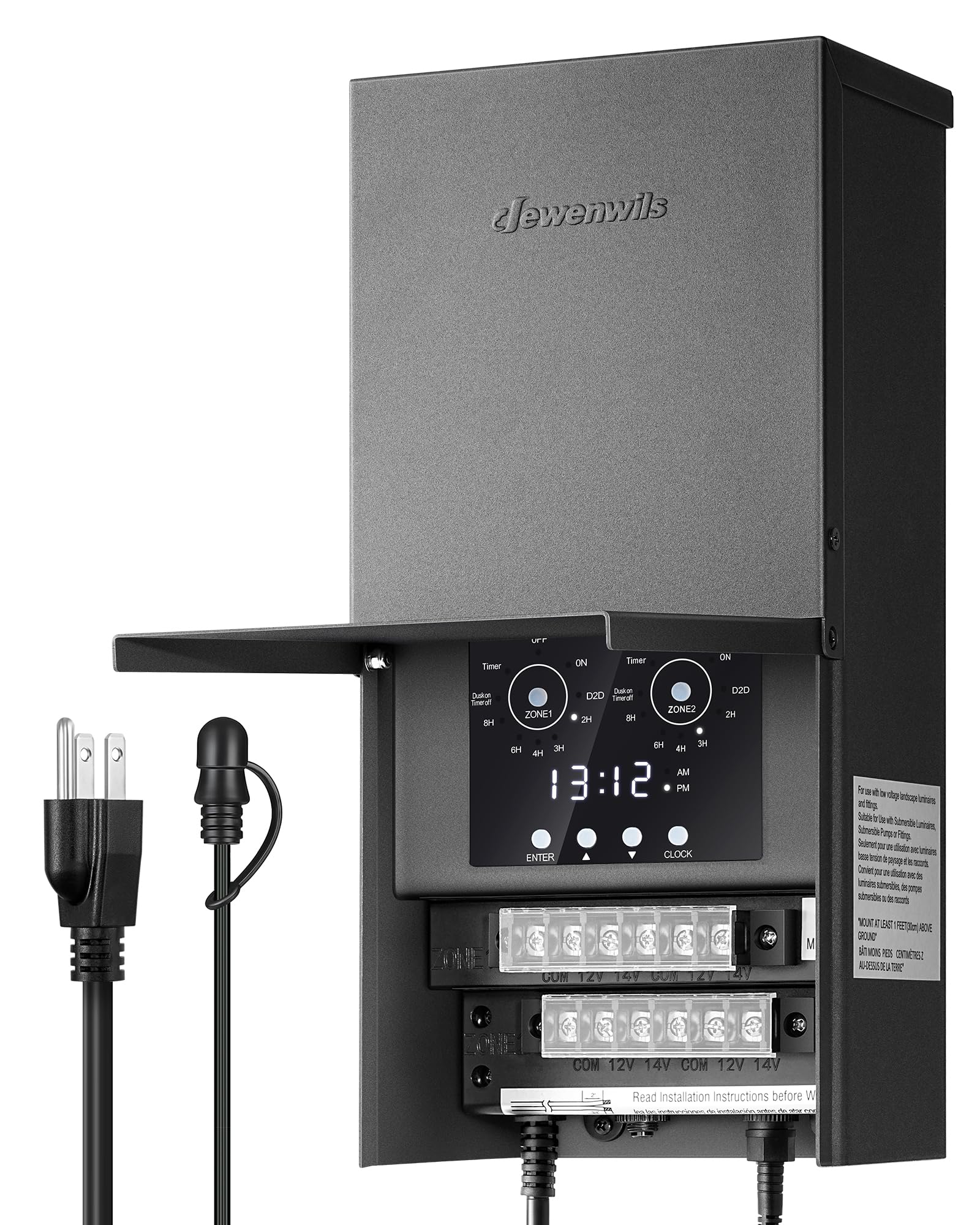 DEWENWILS 600W Low Voltage Landscape Transformer, Photocell Sensor & Timer, 2 Zone, 120VAC to 12/14VAC Outdoor Landscape Transformer, Landscape Lighting Transformer for Outdoor Garden