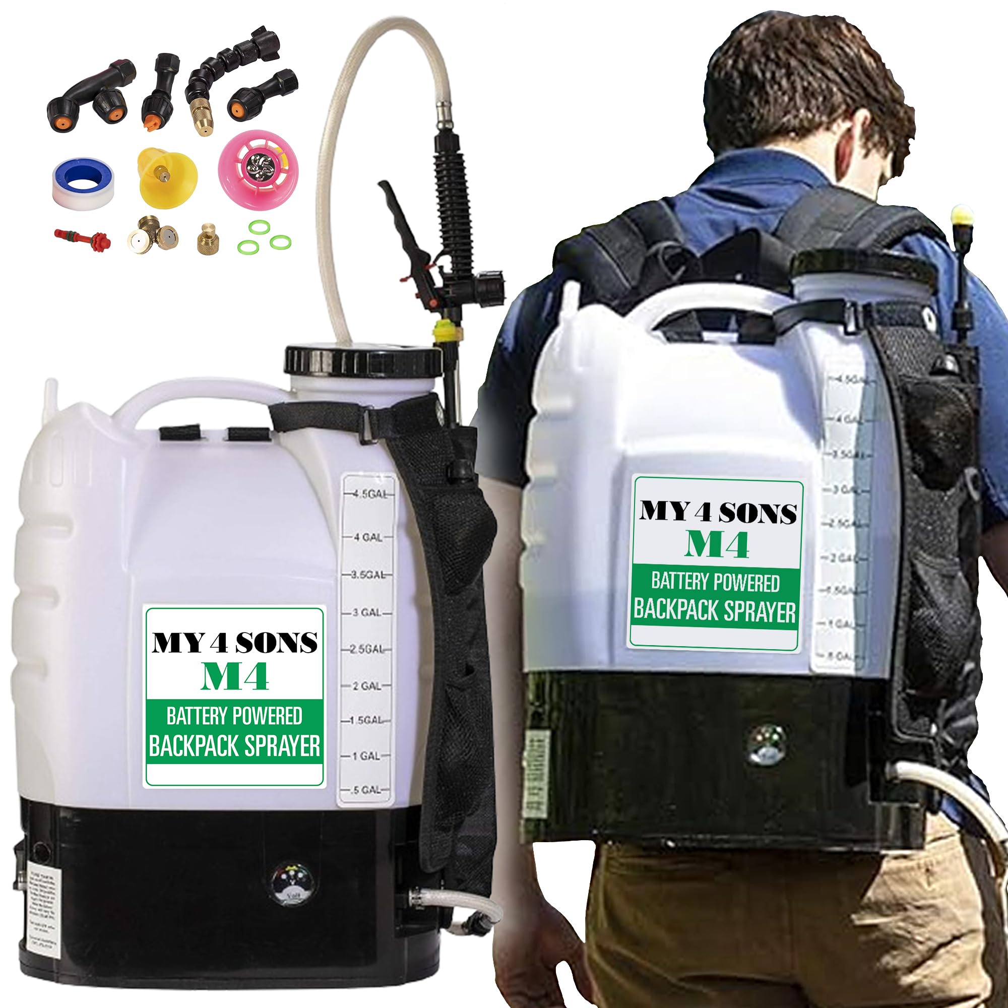MY4SONS M4 4-Gallon Battery Powered Backpack Sprayer - Cordless Electric Pump, Adjustable Wand, Waterproof Tank, Powerful 80 PSI Pump, Ideal for Garden, Lawn, Field, Fertilizers & Concrete Sealing