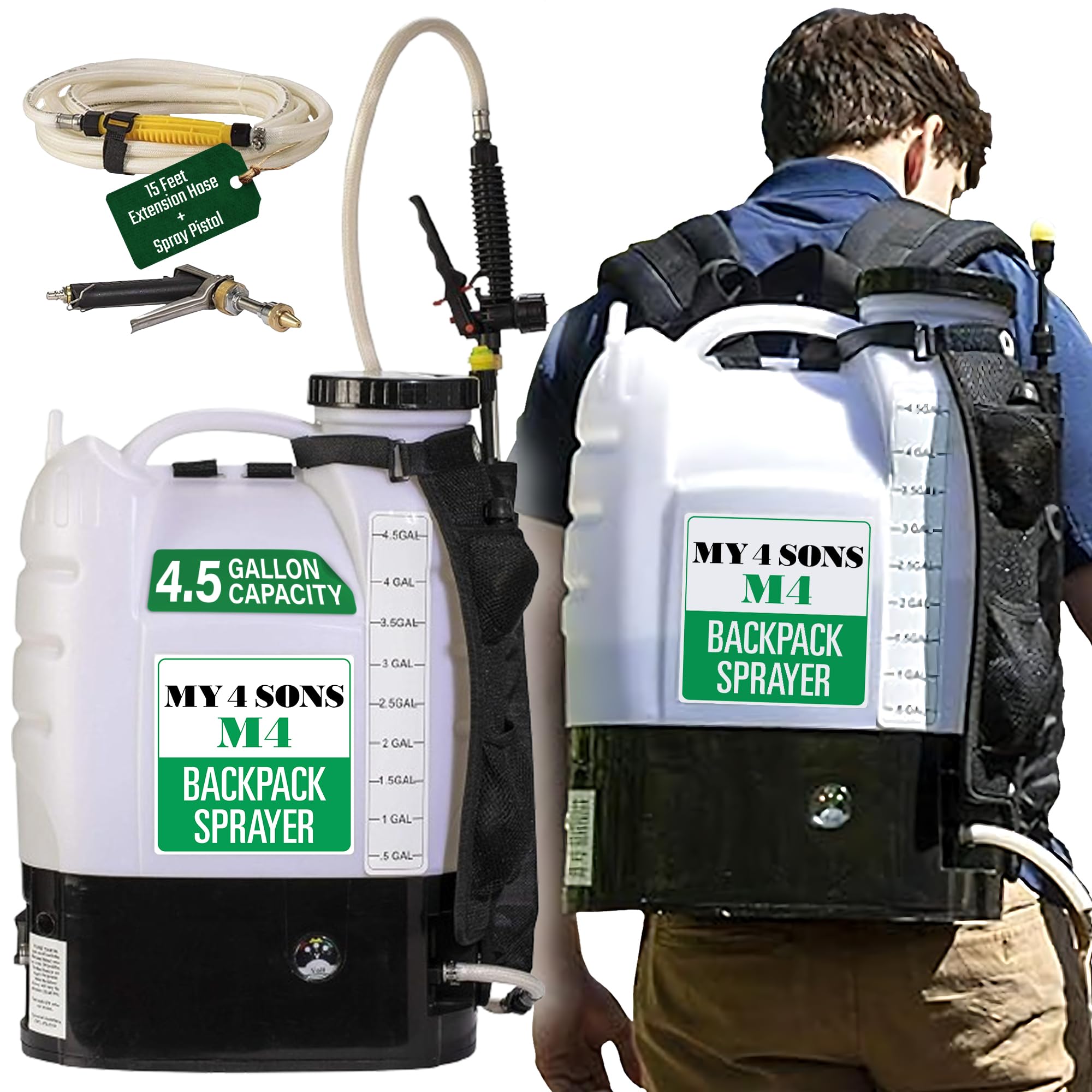 MY4SONS M4 4-Gallon Backpack Sprayer - Battery Powered, Heavy Duty, 80 PSI Pump, Cordless with 15ft Extension Hose & Spray Pistol - Adjustable Wand for Garden, Lawn, Field, Chemicals & Fertilizers