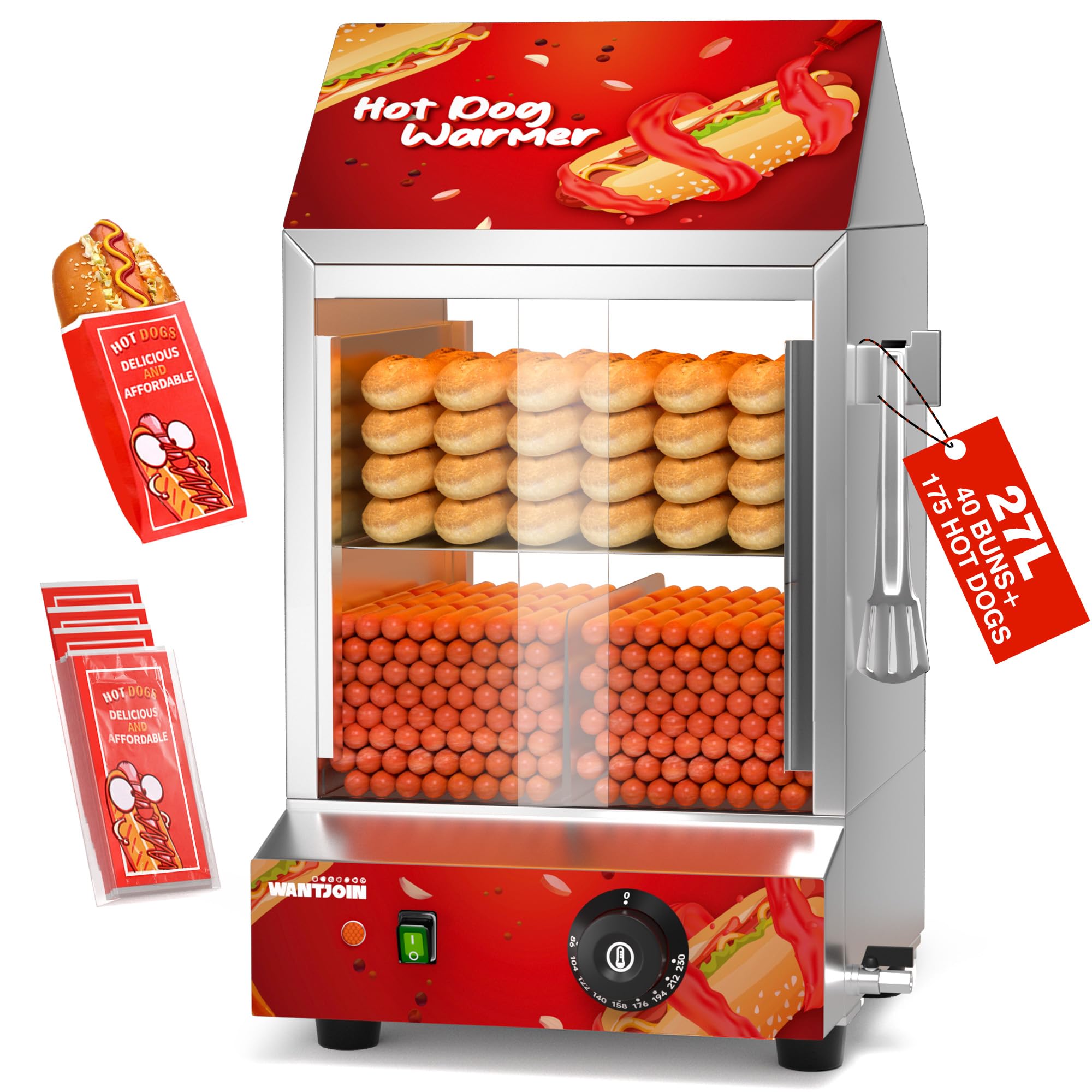 WantJoin Hot Dog Steamer - 2 Tiers Electric Hot Dog Steamer with Bun Warmer 27 L/28.8 QT, Visuable Glass Slide Doors Suit for 175 Hot Dogs and 40 Buns