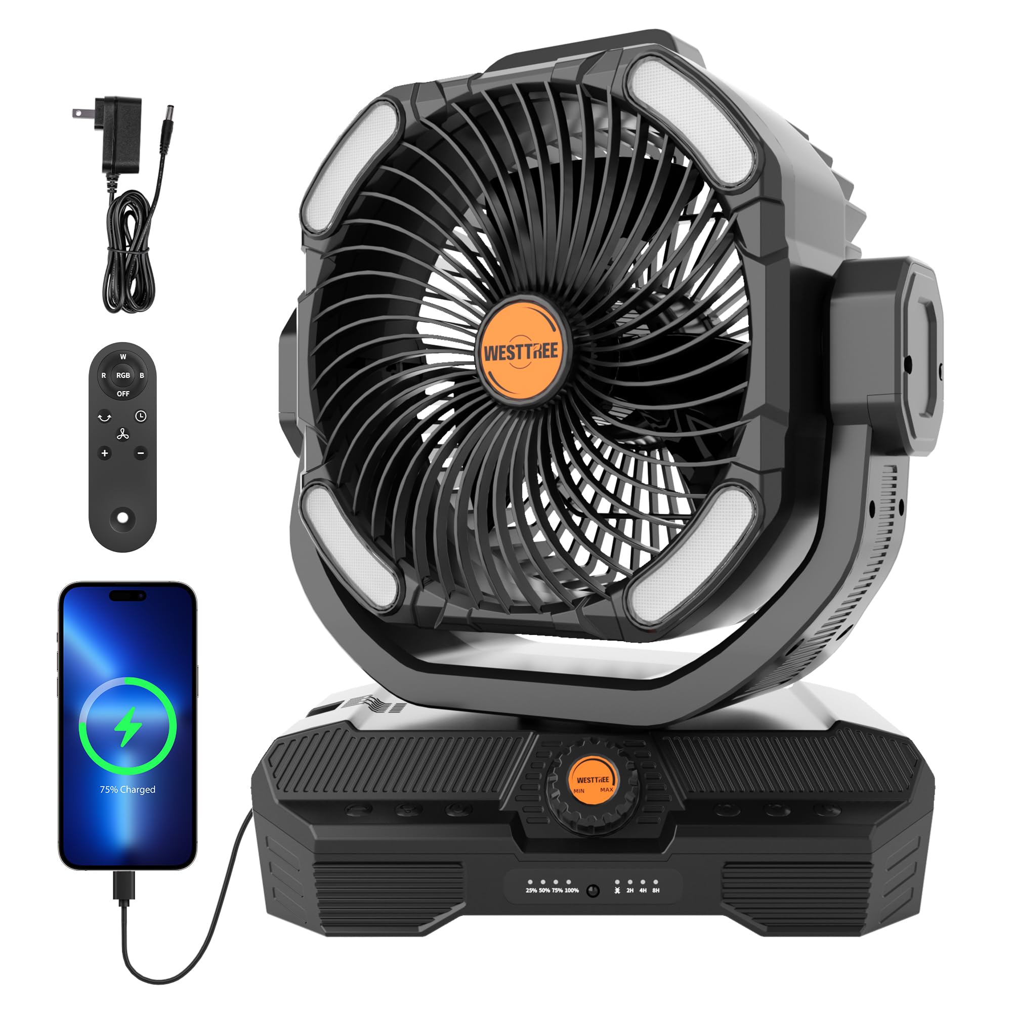 WESTTREE Battery Operated Large Airflow Fan,45000mAh Rechargeable Camping Cordless Fan with 360°Auto Oscillation & Timer, Queit Battery Powered Tent Fans Portable with RGBW Lights for Home X66 Black