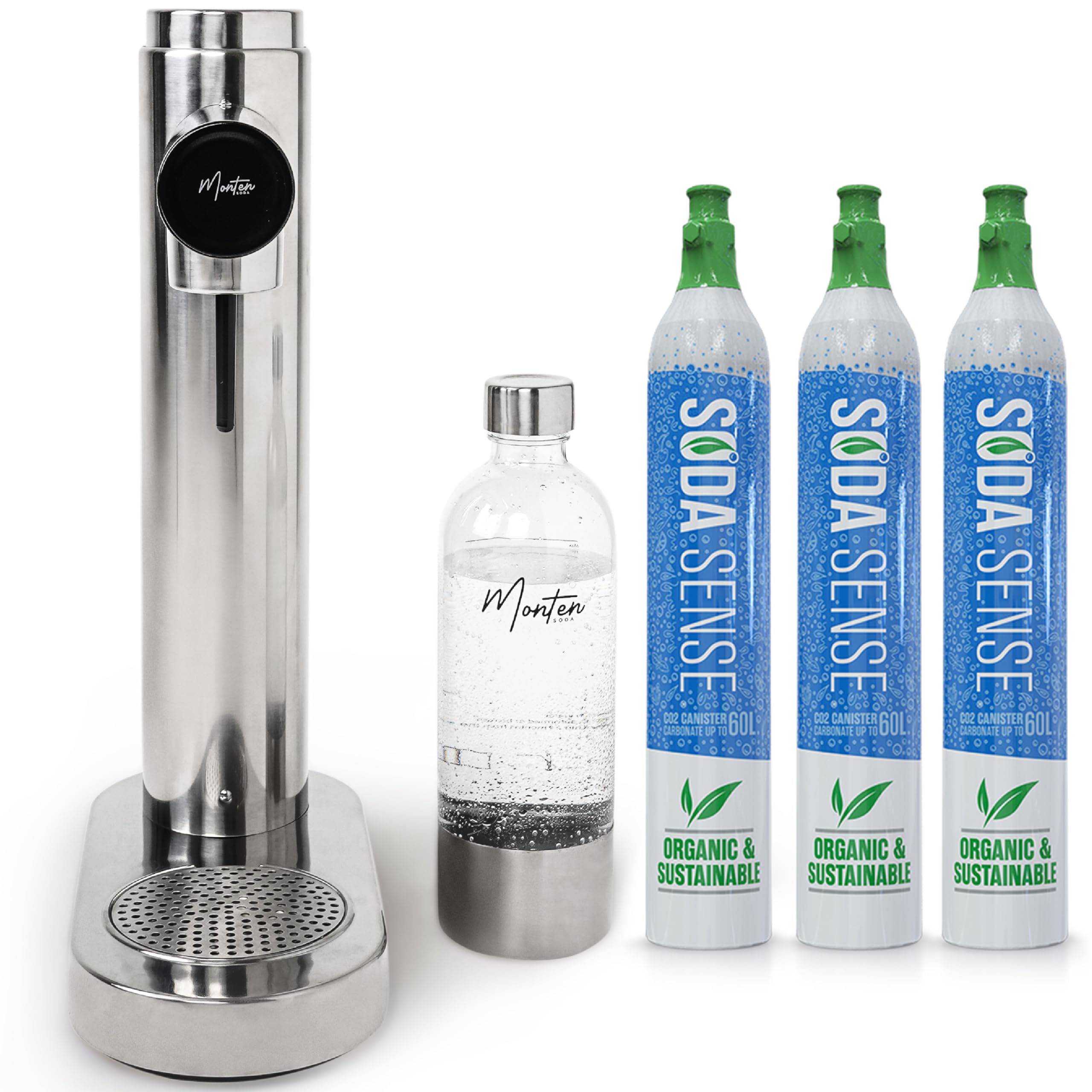 MonTen Soda - Polished Steel Sparkling Water Maker - Includes 3 x 60L Soda Sense CO2 Cylinder & Reusable 900ML PET Bottle - Stylish - Eco-Friendly - Home Soda Maker Made with Polishing Cloth
