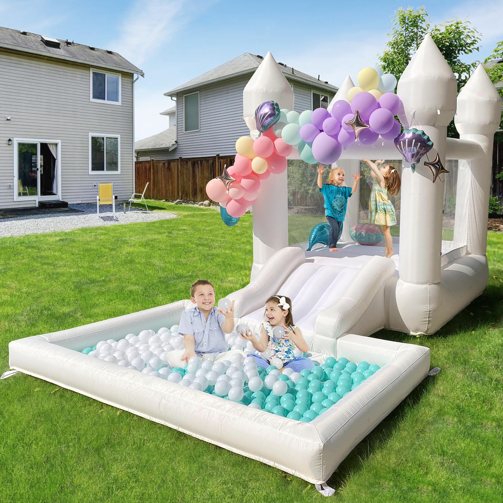 Bounce House for Kids, Indoor Bounce House Small Bounce House for Kids 3-6 White Bounce House with Air Blower, Ball Pool, Slide, Bounce Area 3 in 1 (12.73x7.21x7.32FT)