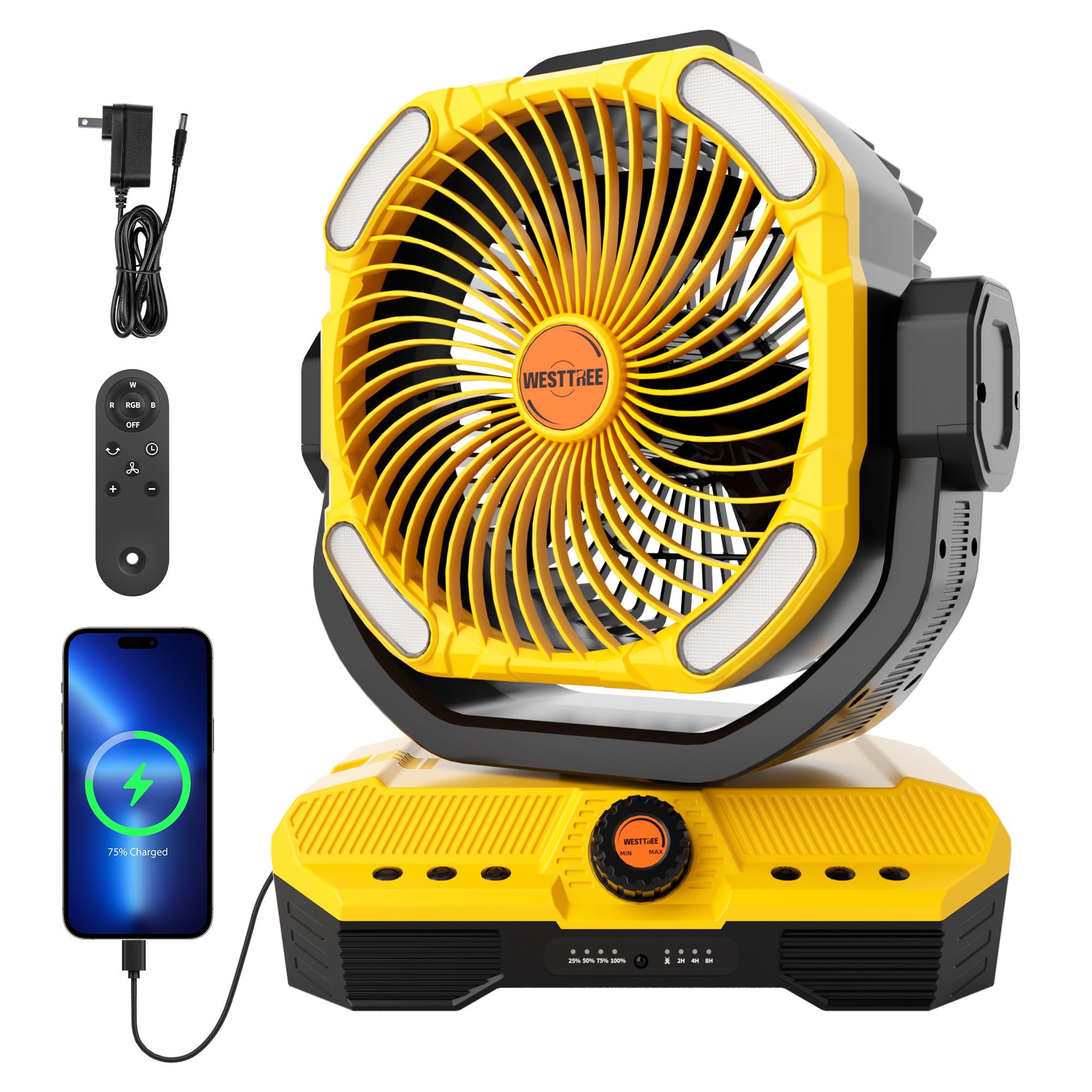 WESTTREE Battery Operated Large Airflow Fan,45000mAh Rechargeable Camping Cordless Fan with 360°Auto Oscillation & Timer, Queit Battery Powered Tent Fans Portable with RGBW Lights for Home X66 Yellow