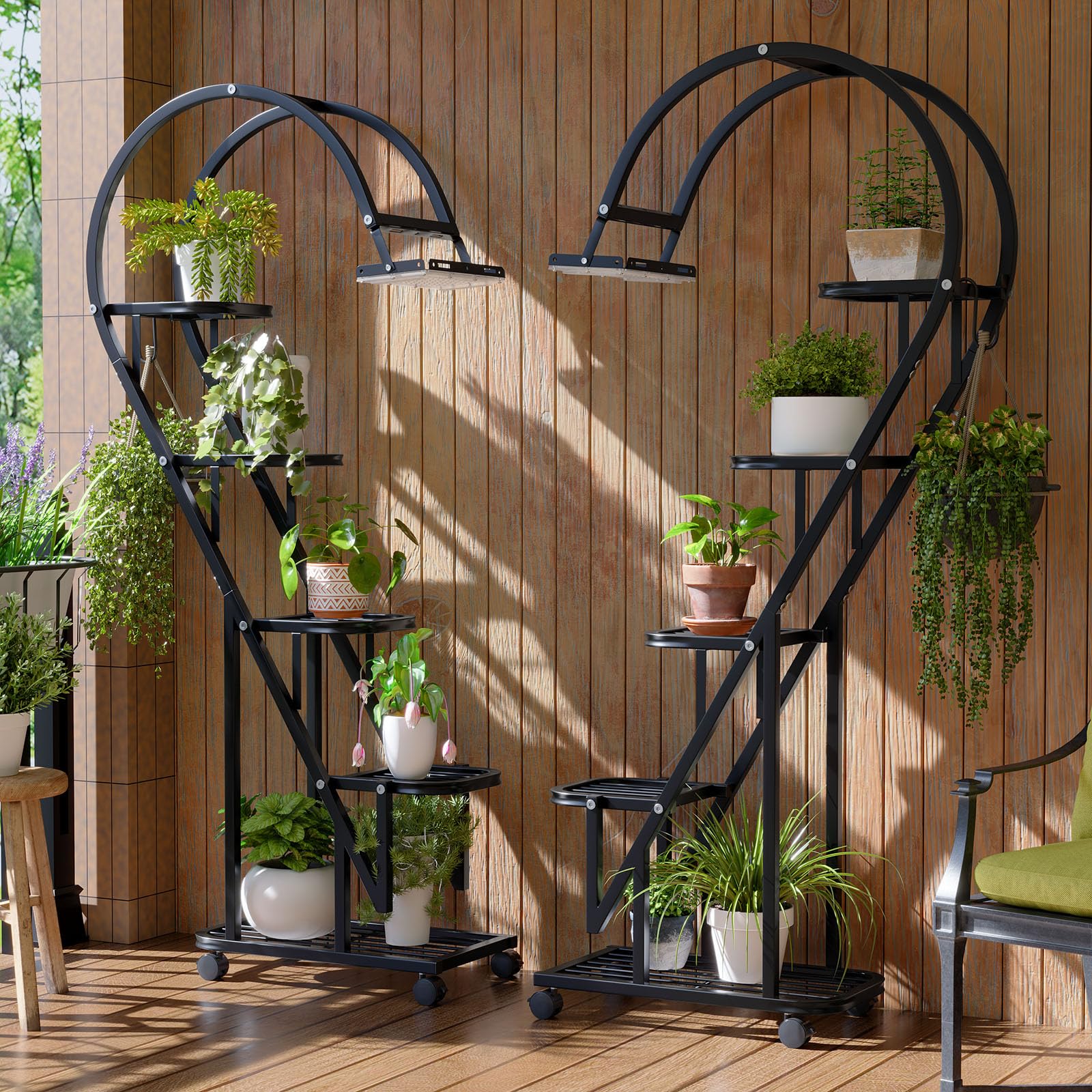 Bestier Plant Stand Indoor with Grow Lights, 5 Tiered Metal Plant Stand with Wheels, 65" Tall Plant Stands for Indoor Plants Multiple, 2 Pack Half-Heart Shape Plant Rack for Living Room Patio Balcony