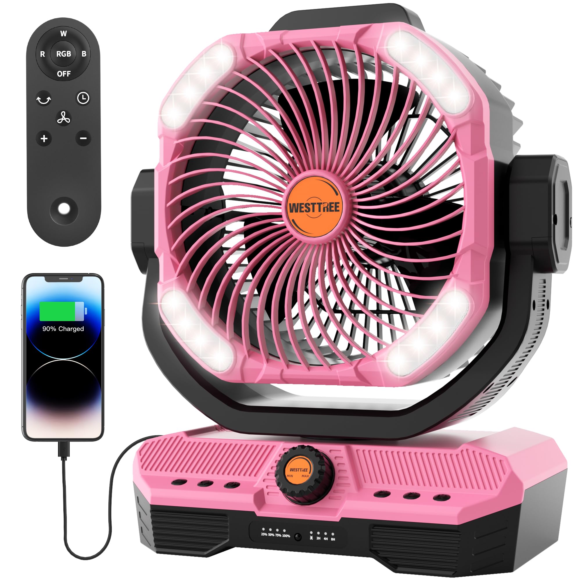 WESTTREE Battery Powered Fan Powerful Airflow Battery Operated Air Circulator Fan for Bedroom,Quiet & 360°Auto Oscillating Rechargeable Camping Fans with LED Light (RGBW) X66 Pink