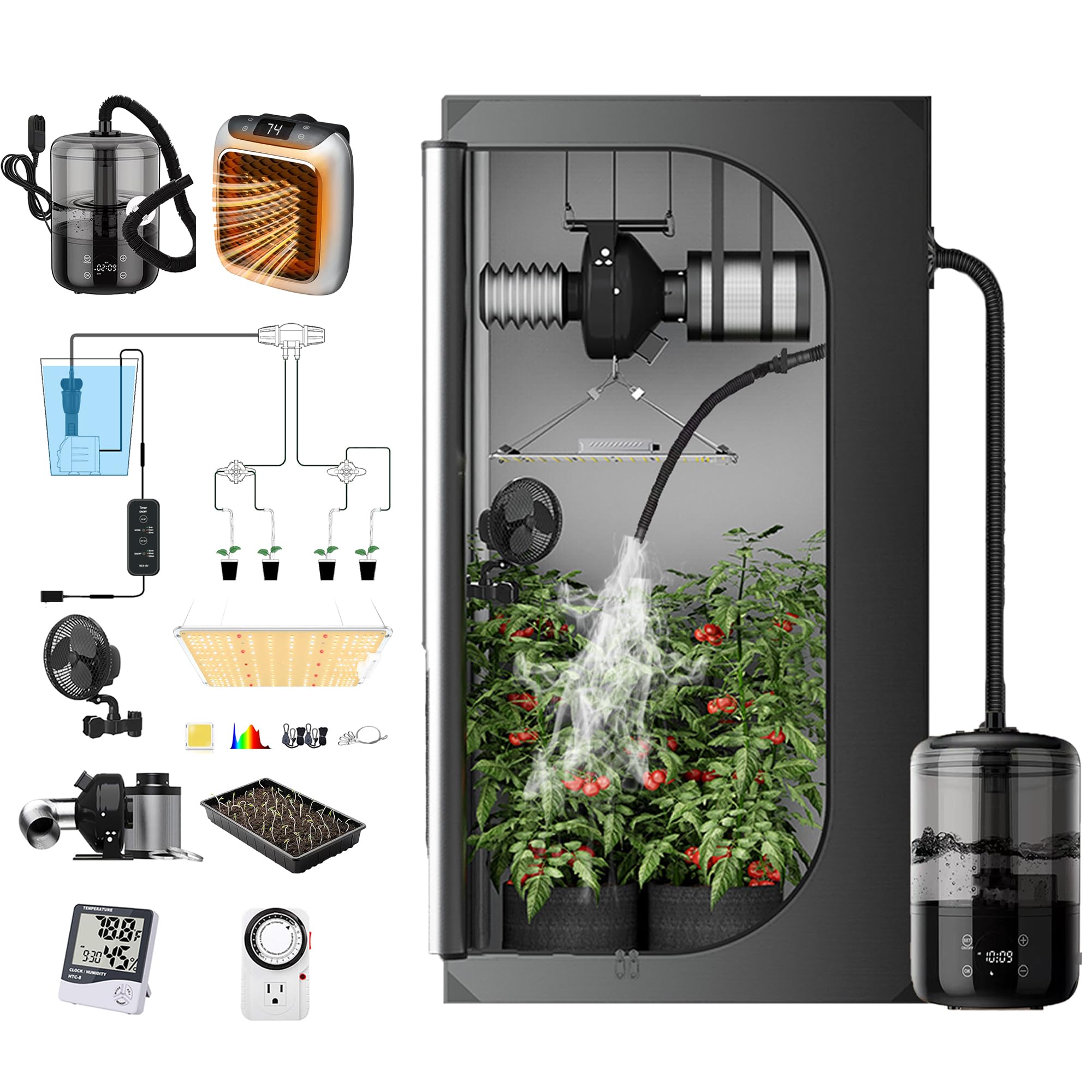 Upgrade 32X32" Integrated Auto Grow Tent Complete Kits System S1000 LED Grow Light Grow Tent Kit 4"Fan Filter And Humidifier (Fan Filter+LED Light+Grow Tents+Irrigation Kit+Clip Fan+Heater+Humidifier)