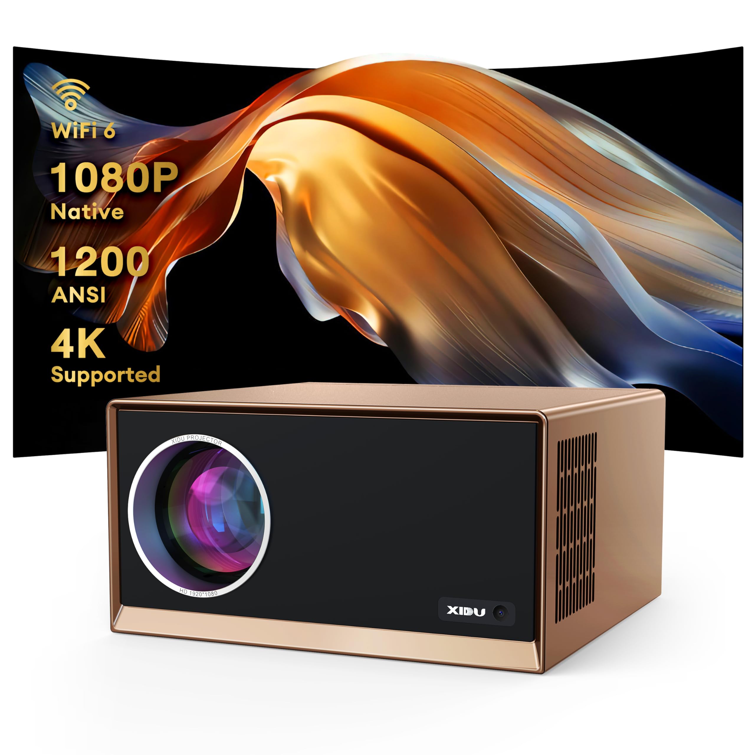 4K Projector with WiFi and Bluetooth, XIDU 1200 ANSI Native 1080P Outdoor Projector with 25%Zoom, Fully Sealed Engine, HDR10+, 20W Speakers, Movie Projector for Phone/iOS/Android/HDMI/USB/TV Stick