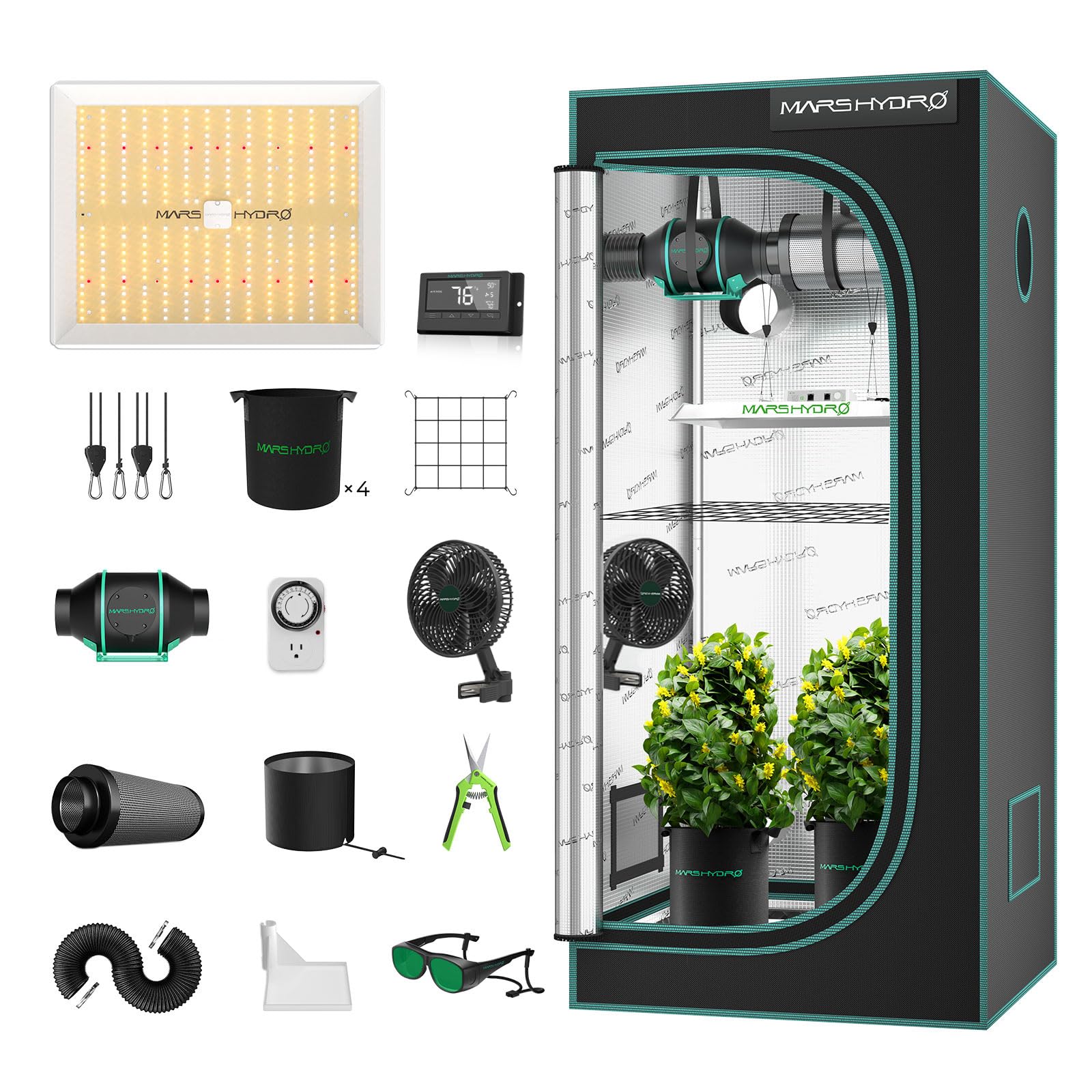 MARS HYDRO 3x3 Grow Tent Kit with Temperature Humidity Controller,150W TS1000 LED Grow Light,32"x32"x63" 1680D High Reflective Mylar,4 inch Customized Ventilation System,10 Speed Grow Tent Fan