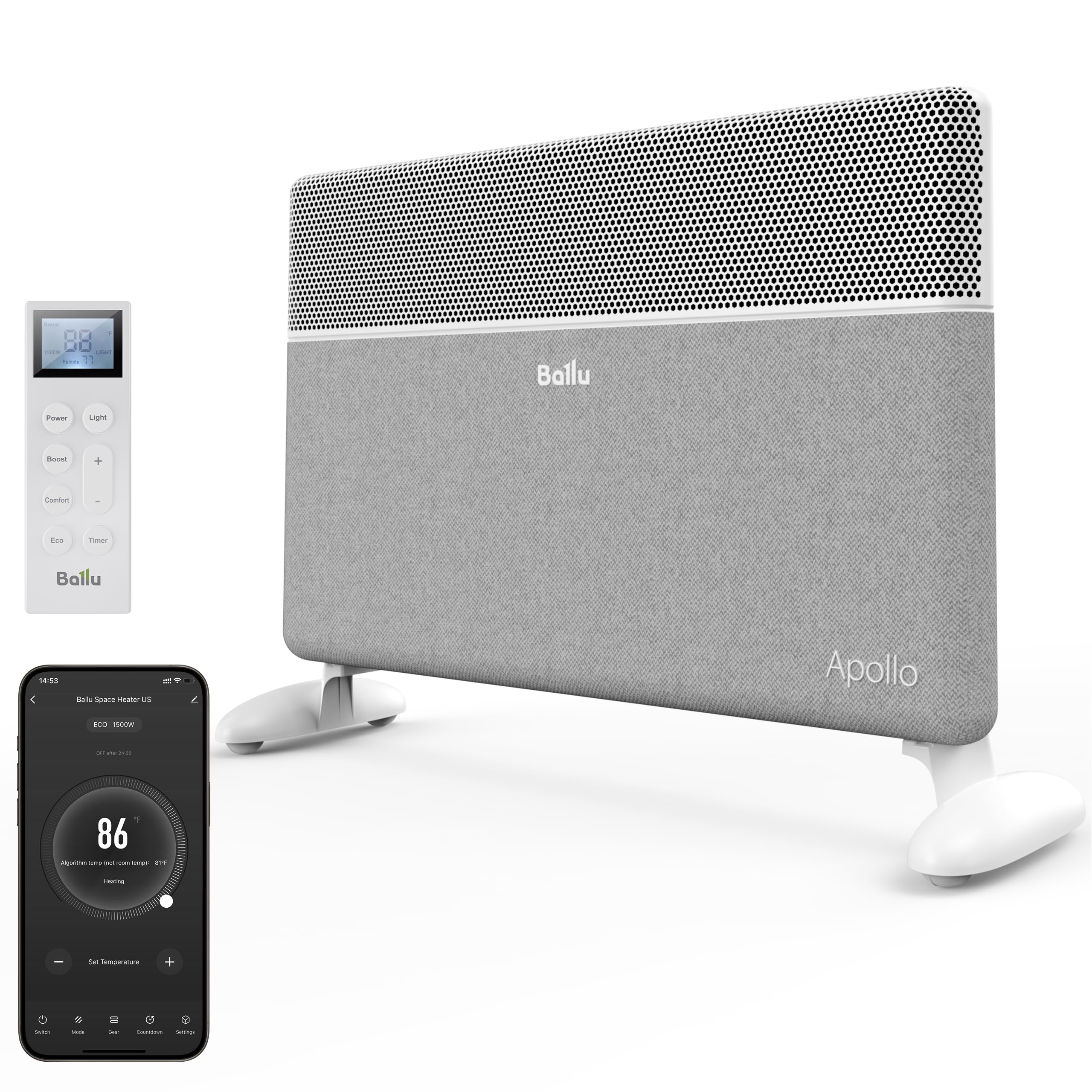 Ballu Convection Panel Space Heater,Whole Room Heater for Indoor Use Large Room with Display Remote,Wifi App,Portable Standing Wall Mount 1500W Electric Heater for Bedroom,Living room,Work with Alexa