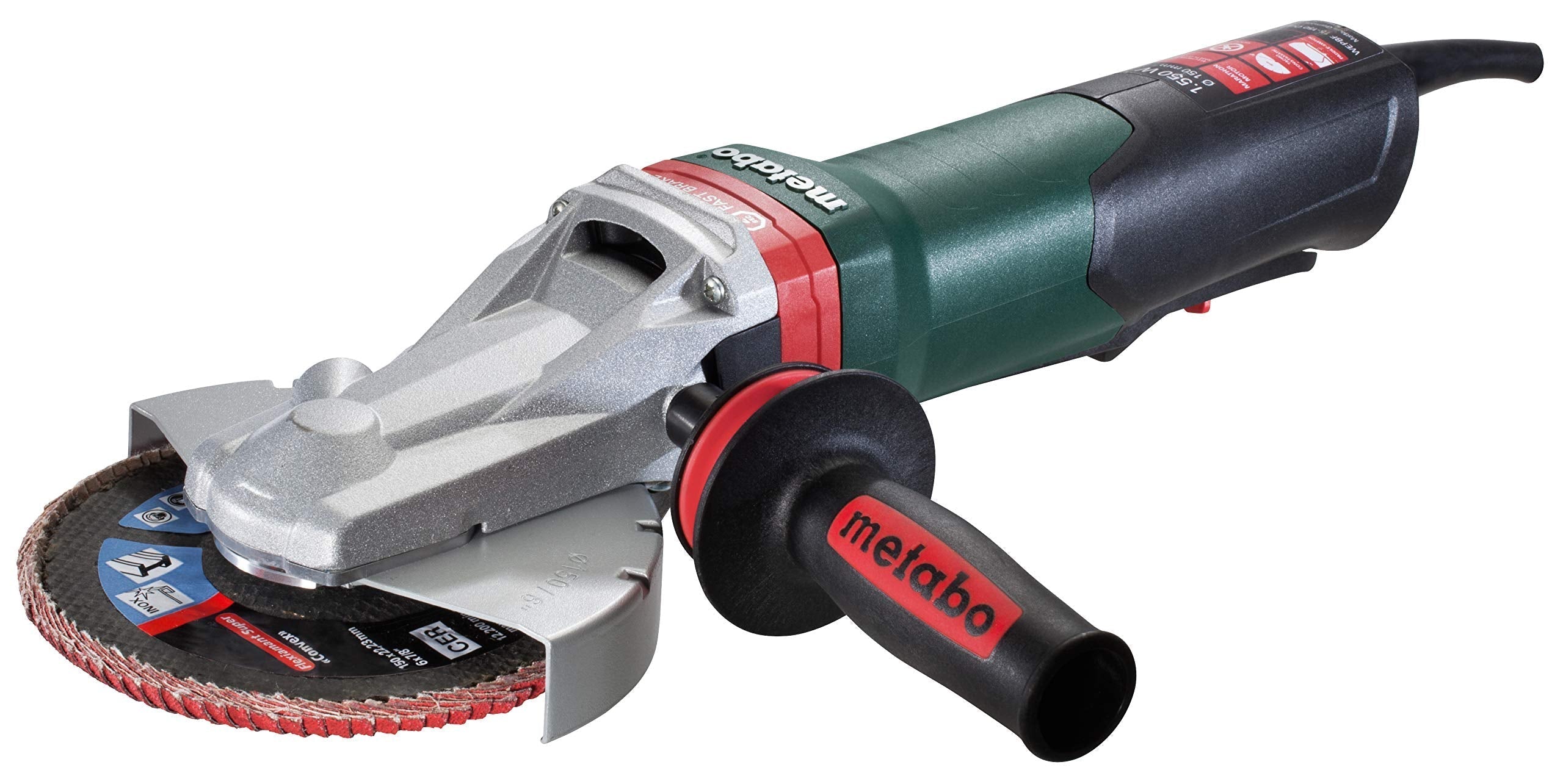 Metabo 6-Inch Flat Head Angle Grinder, 9,600 RPM, 13.5 Amp w/ Brake, Non-Lock Paddle, Electronics, Made in Germany, WEPBF 15-150 Quick, 613085420, Green