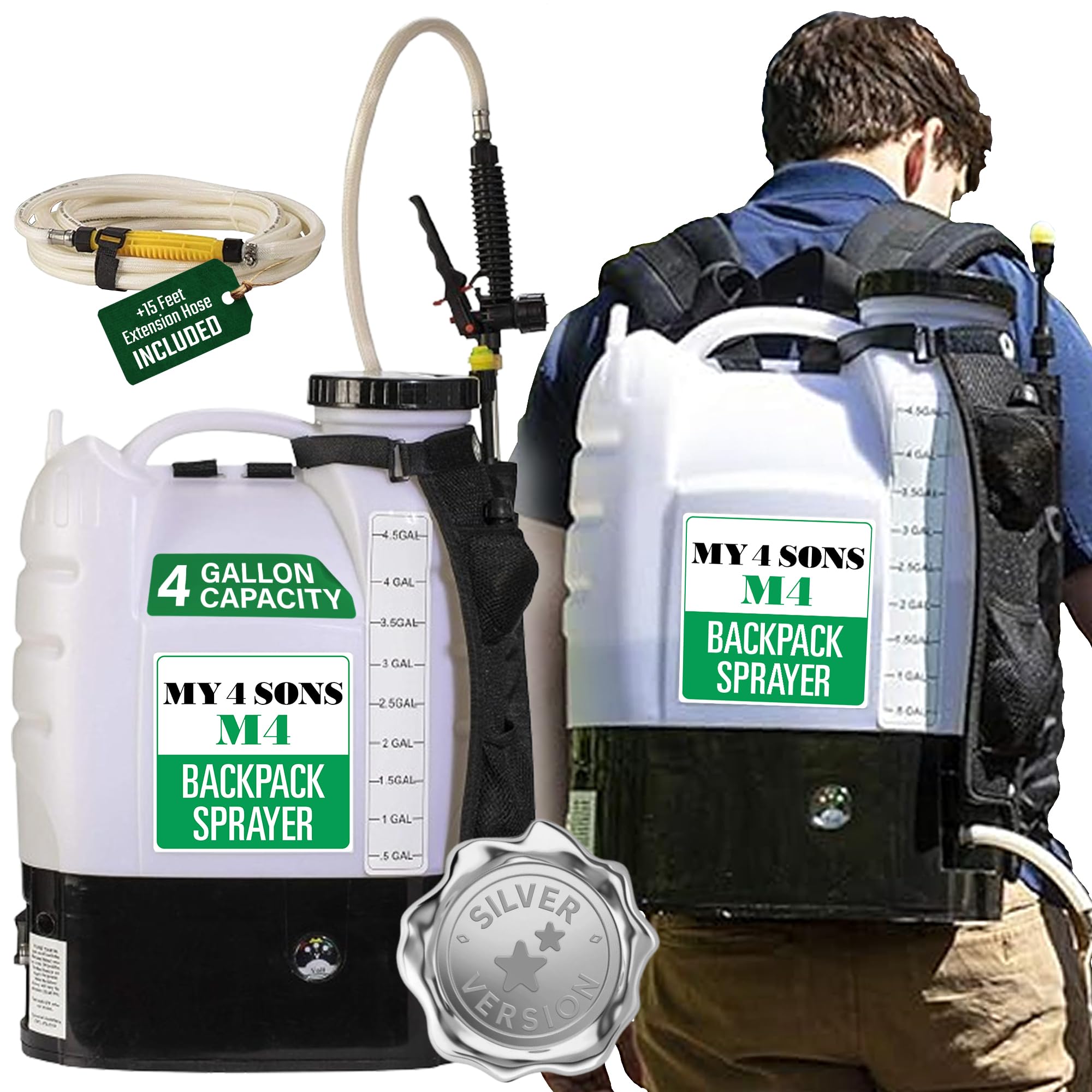 MY4SONS M4 Cordless Battery Powered Backpack Sprayer - Includes Battery & Charger, Stainless Steel Adjustable Nozzles, Ideal for Lawn, Garden & Multi-Purpose Use - Silver, 4 Gallon - 15ft Hose