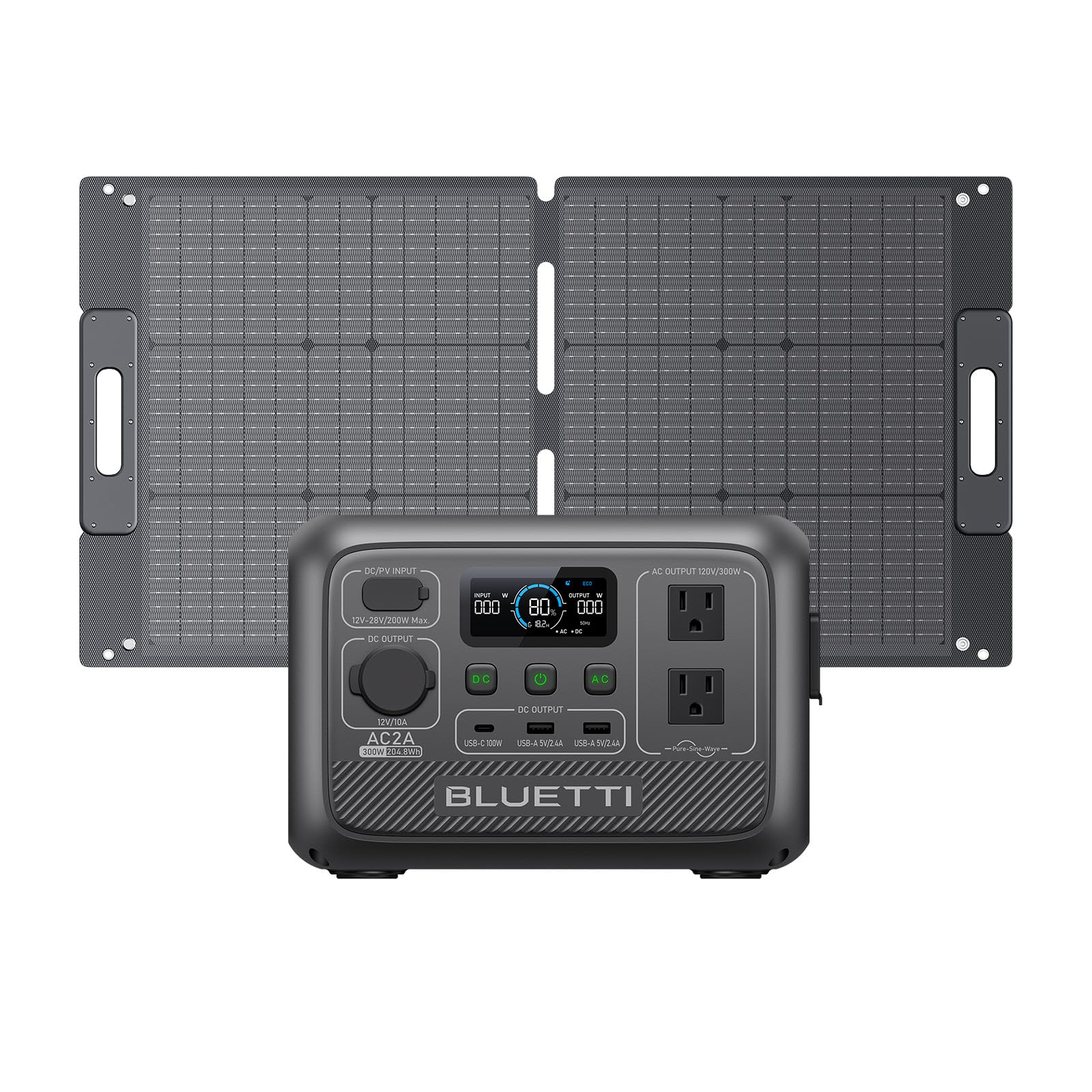 BLUETTI AC2A Portable Power Station with 100W Solar Panel Included (Ships Separately), 204Wh LFP Battery Backup, w/ 2 300W (600W Power Lifting) AC Outlets, 0-80% in 40 Min, Solar Generator for Camping