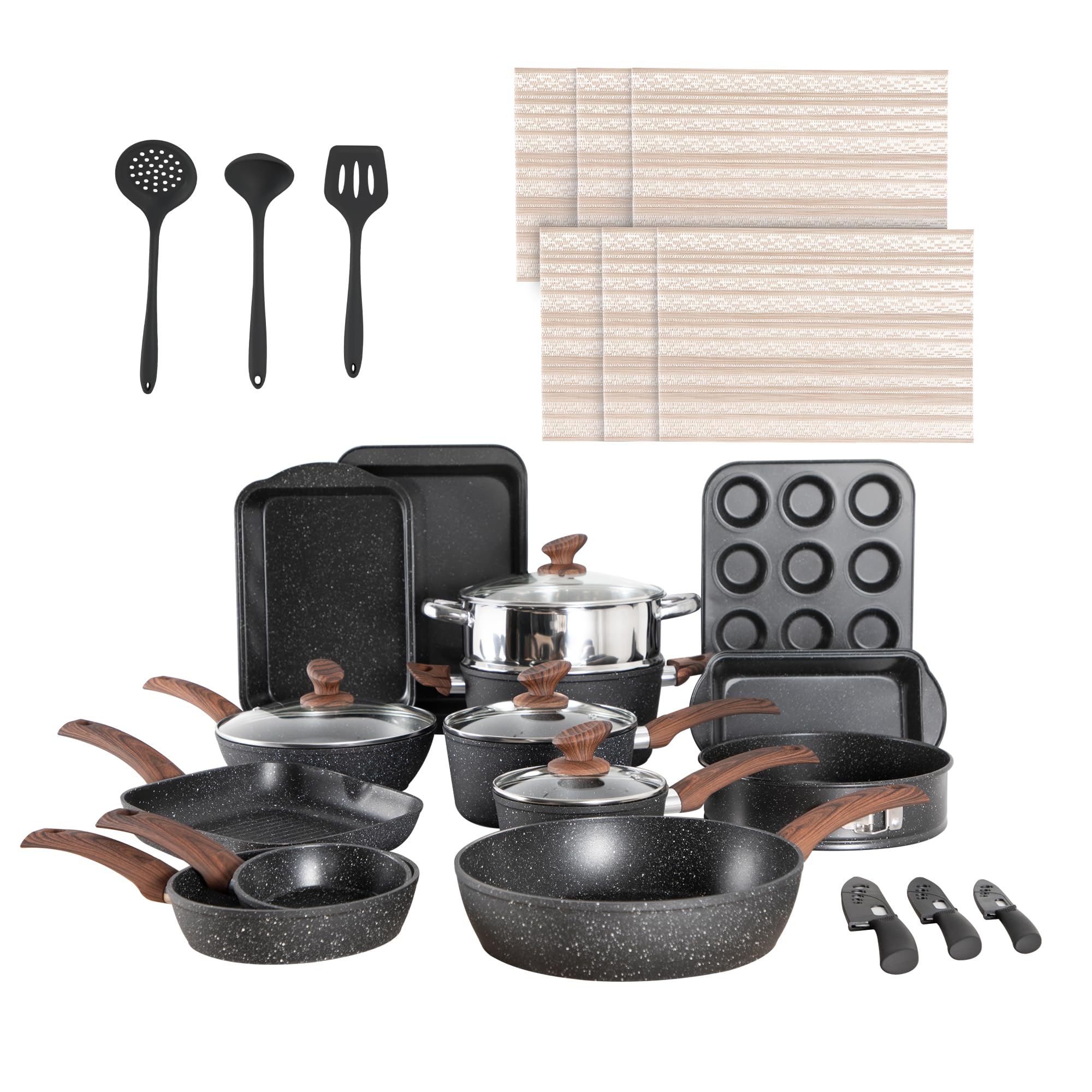 30 Piece Pots and Pans Set Non Stick, Granite Induction Cookware Sets, Nonstick Kitchen Cookware Sets, Non Toxic Cookware Set with Frying Pans and Saucepan, Kitchen Pots and Pans Set, Black