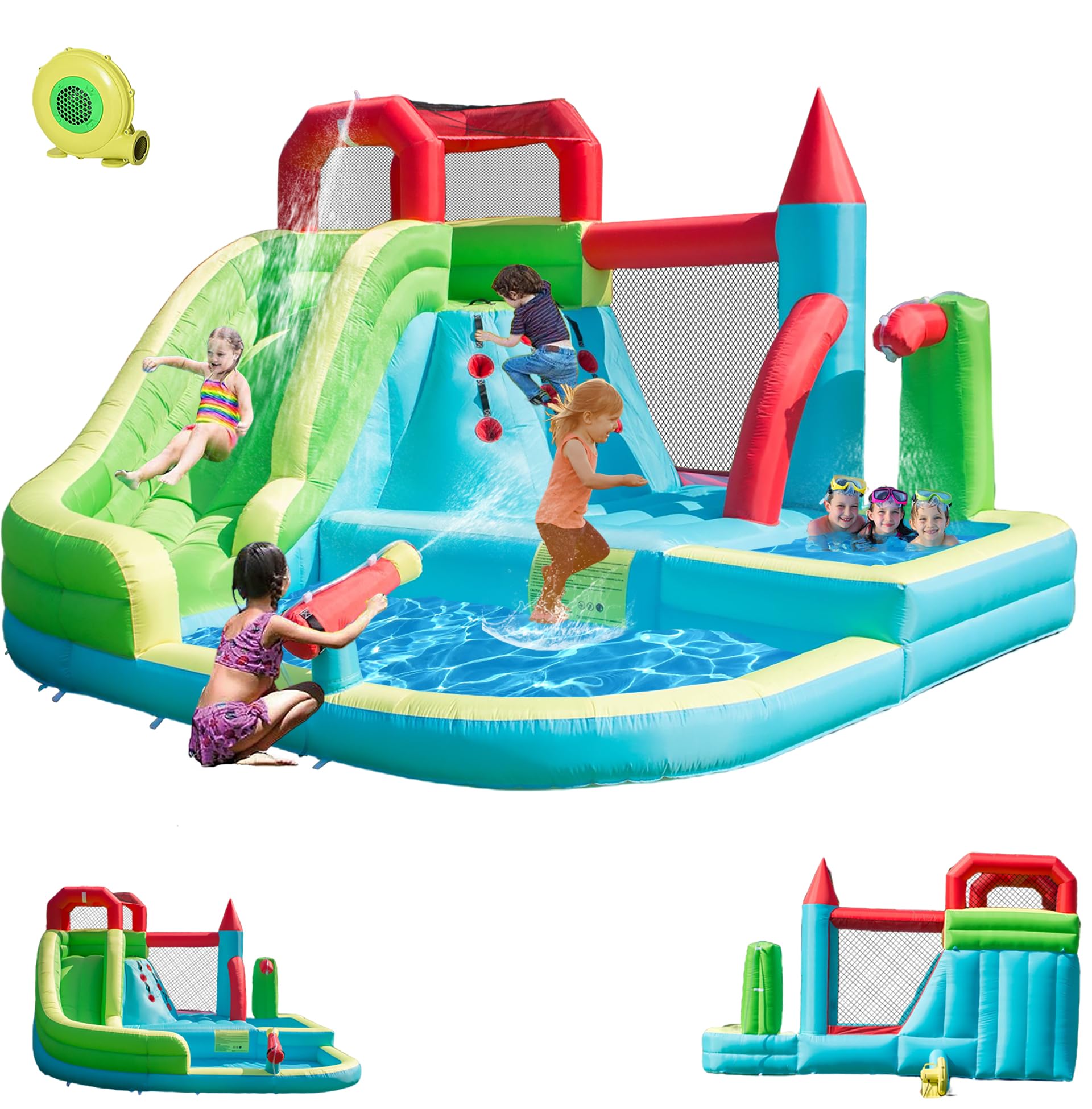 HIJOFUN Inflatable Water Slide for Kids,6-in-1 Bounce House with Waterslide Park,Deep Pool,Splash Pool,Water Cannon,Climbing Wall and Jumping Bouncer for Backyard Outdoor with 550W Air Blower