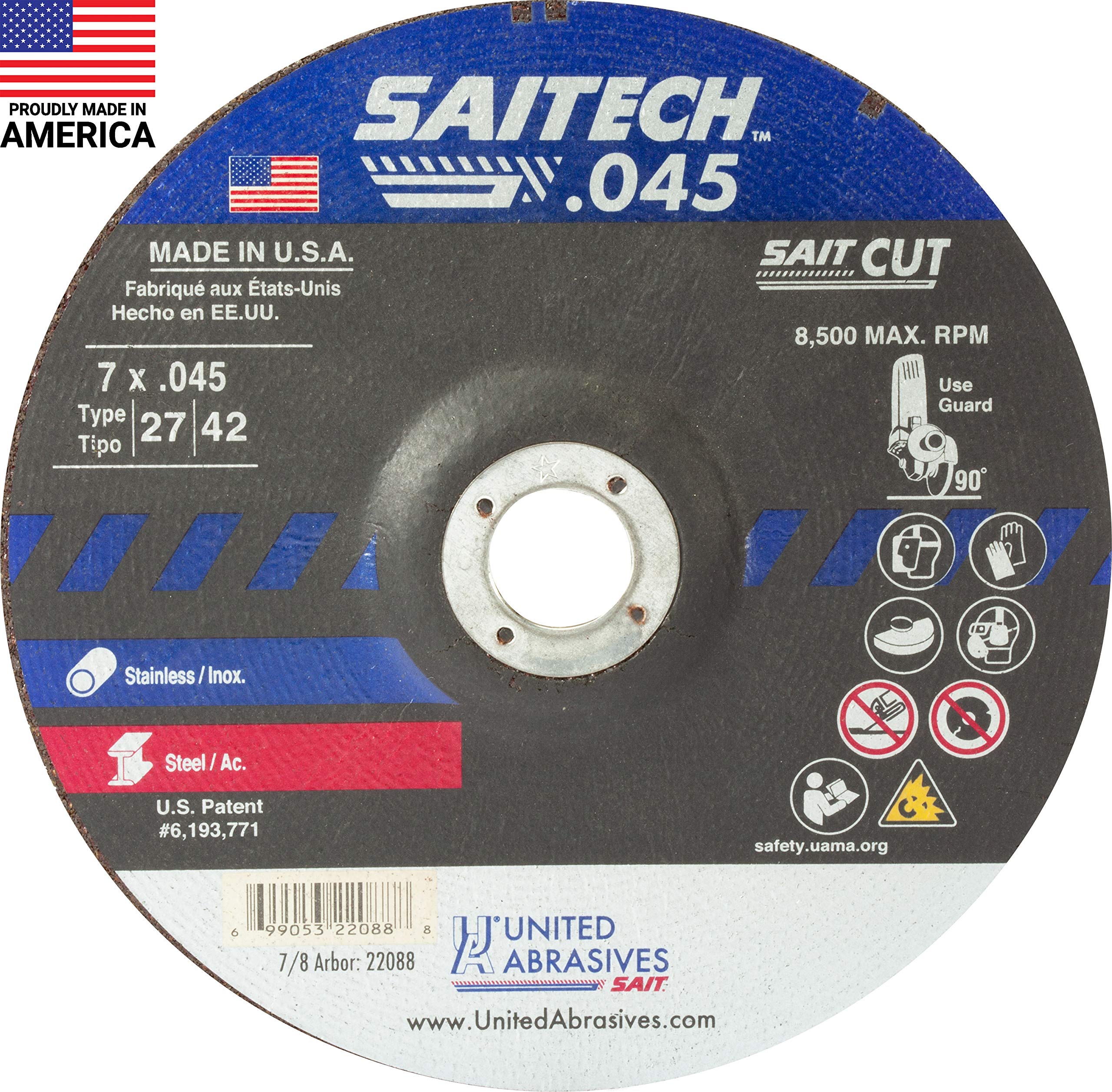 United Abrasives-SAIT 22088 Saitech™ High Performance Cut-Off Wheels (Type 27/Type 42 Depressed Center) 7" x .045" x 7/8", 50-Pack