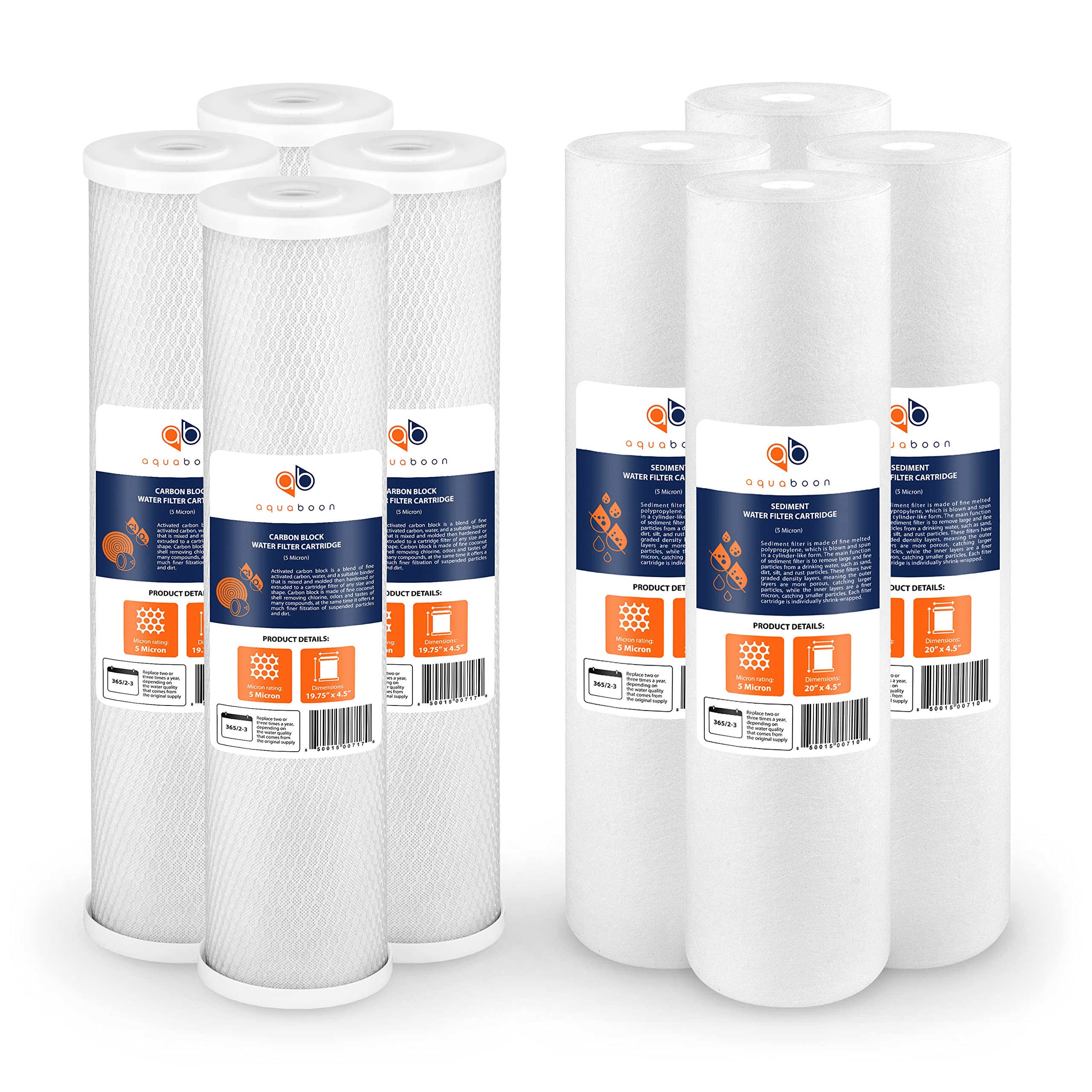 Aquaboon 5 Micron 20 x 4.5 Water Filter Cartridges Set of 8, Whole House Water Filter Replacements for 2-Stage Sediment & Chlorine, Odors Reduction