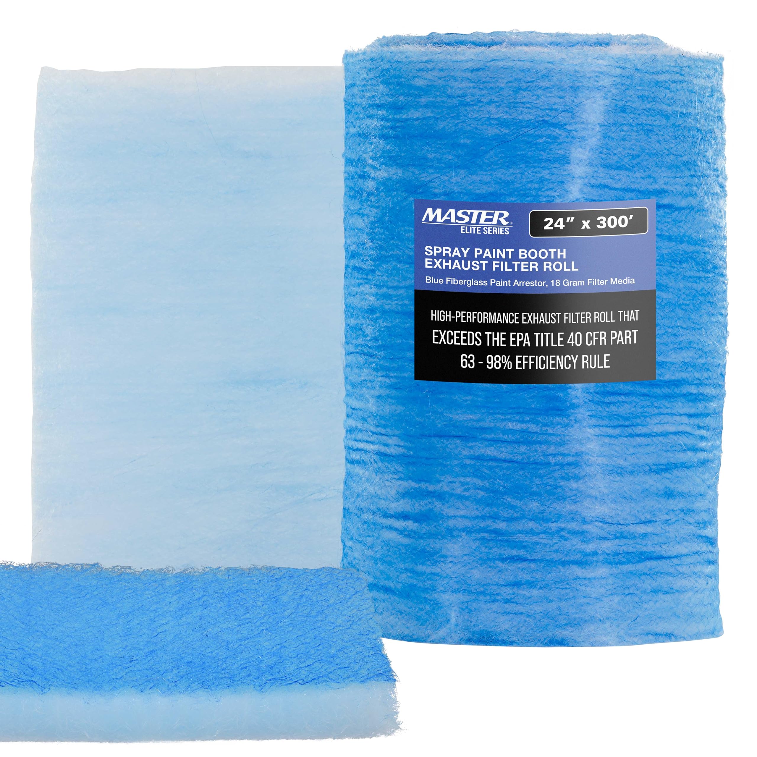 Master Elite Premium Paint Spray Booth Exhaust Filter Roll, 24" x 300' - 18 Gram Heavy-Duty Fiberglass Paint Arrestor - Captures Traps Overspray Paint Particles in Auto Car Autobody Refinish Booths