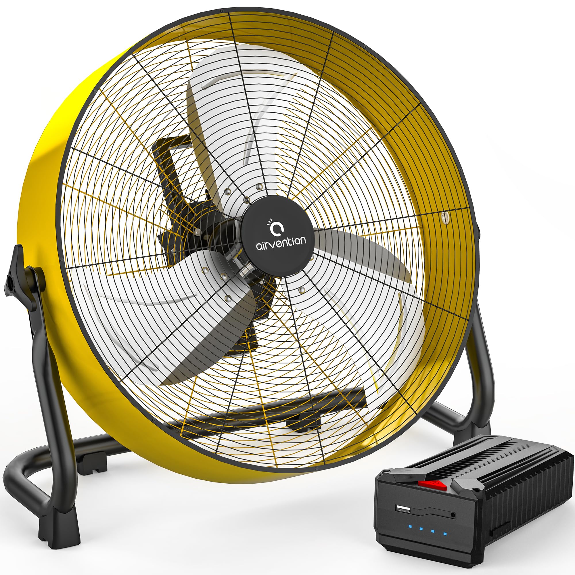 Airvention 15600mAh Rechargeable Battery Operated Floor Fan, 16 inch Yellow Industrial High Velocity Drum Fan, Shop Fan for Camping Gym Garage Outdoor Indoor, AI-F601Y