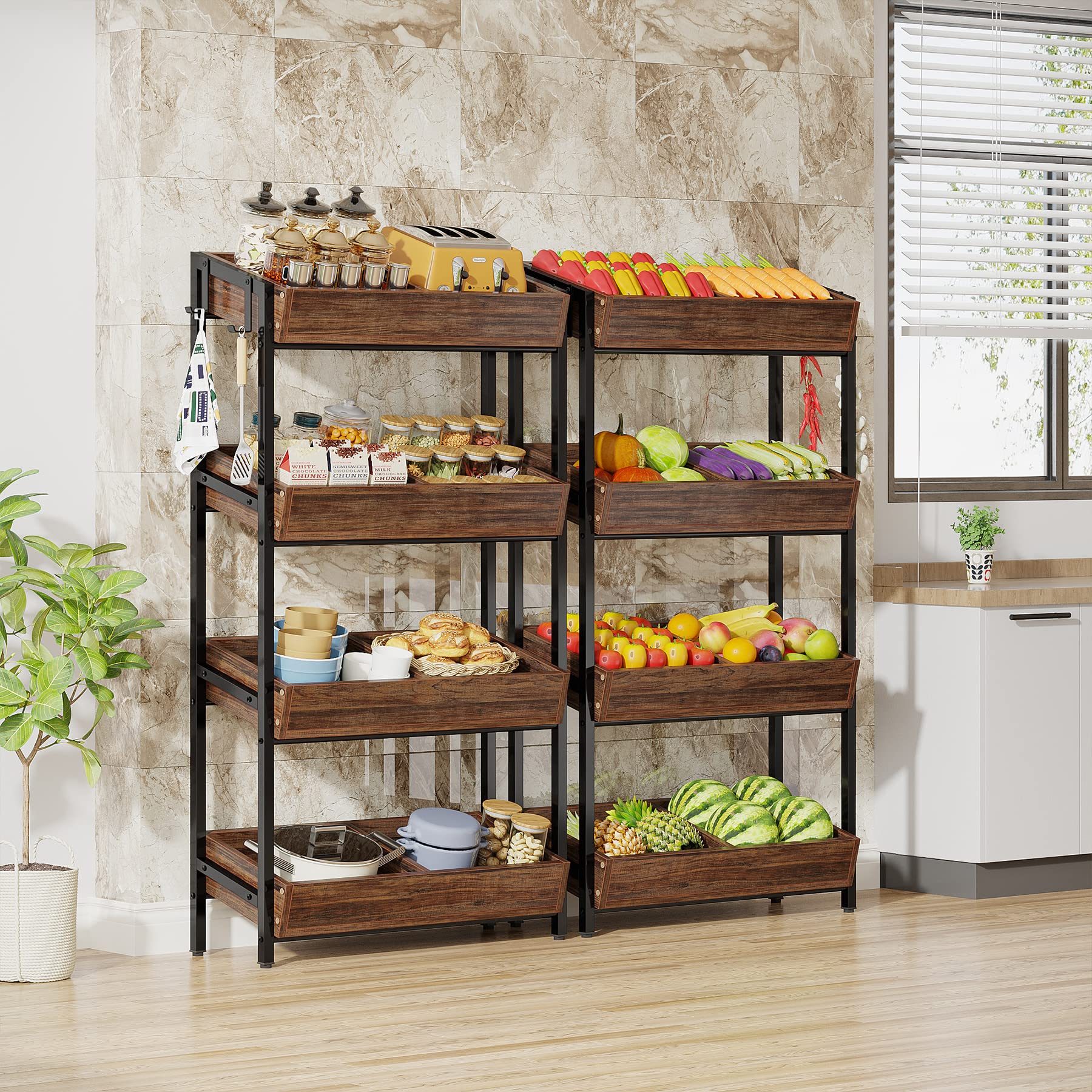 Tribesigns Wood Fruit and Vegetable Basket Stand Rack for Kitchen, Office, Store, Supremarket, Pantry Shelf Unit for Snacks, 4-Tier Wooden Utility Storage Shelves Set of 2 (2, Brown+Black)