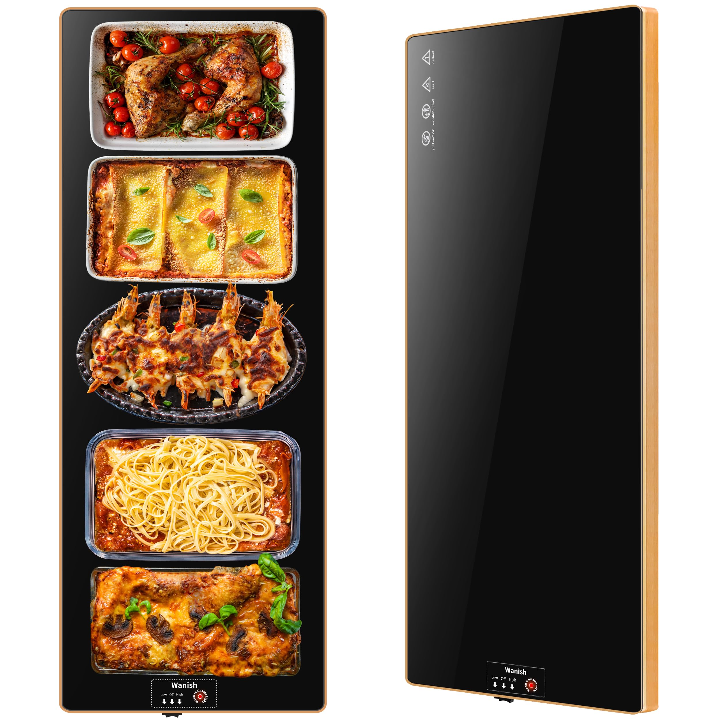 Electric Warming Tray（Extra Long 47”x12”），Food Warmer with Thermostat and Full Surface Heating，Food Warming Mat with 2 Temperature Modes for Parties Buffet，Gatherings，Gold Edge Warming Mat for Food