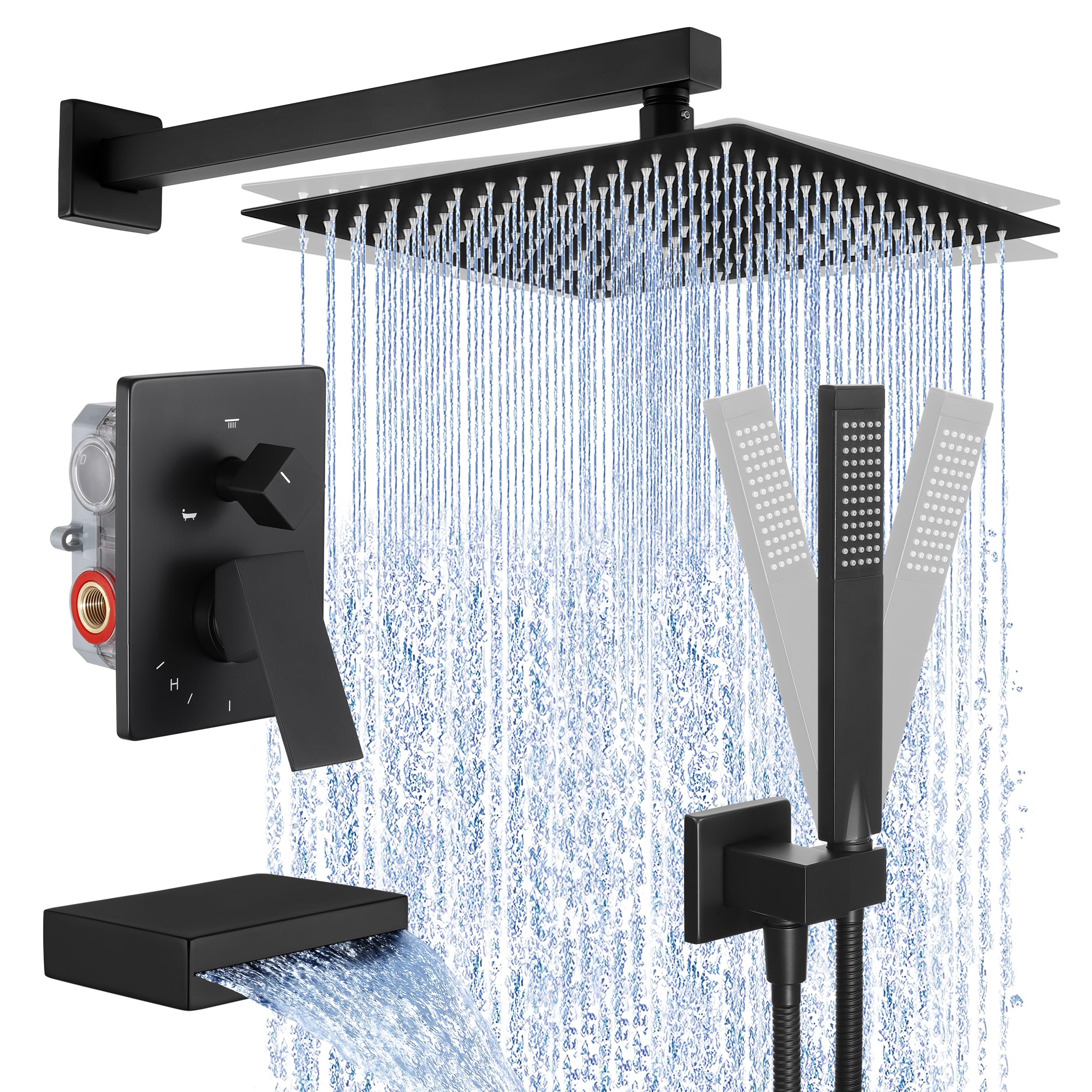 KES Black Shower Faucet Set Complete, 12 Inch Rainfall Shower Head with Handheld Spray, Waterfall Tub Spout Bathtub Faucet, Shower System, Regaderas Modernas Para Ducha, XB6305F18S12-BK