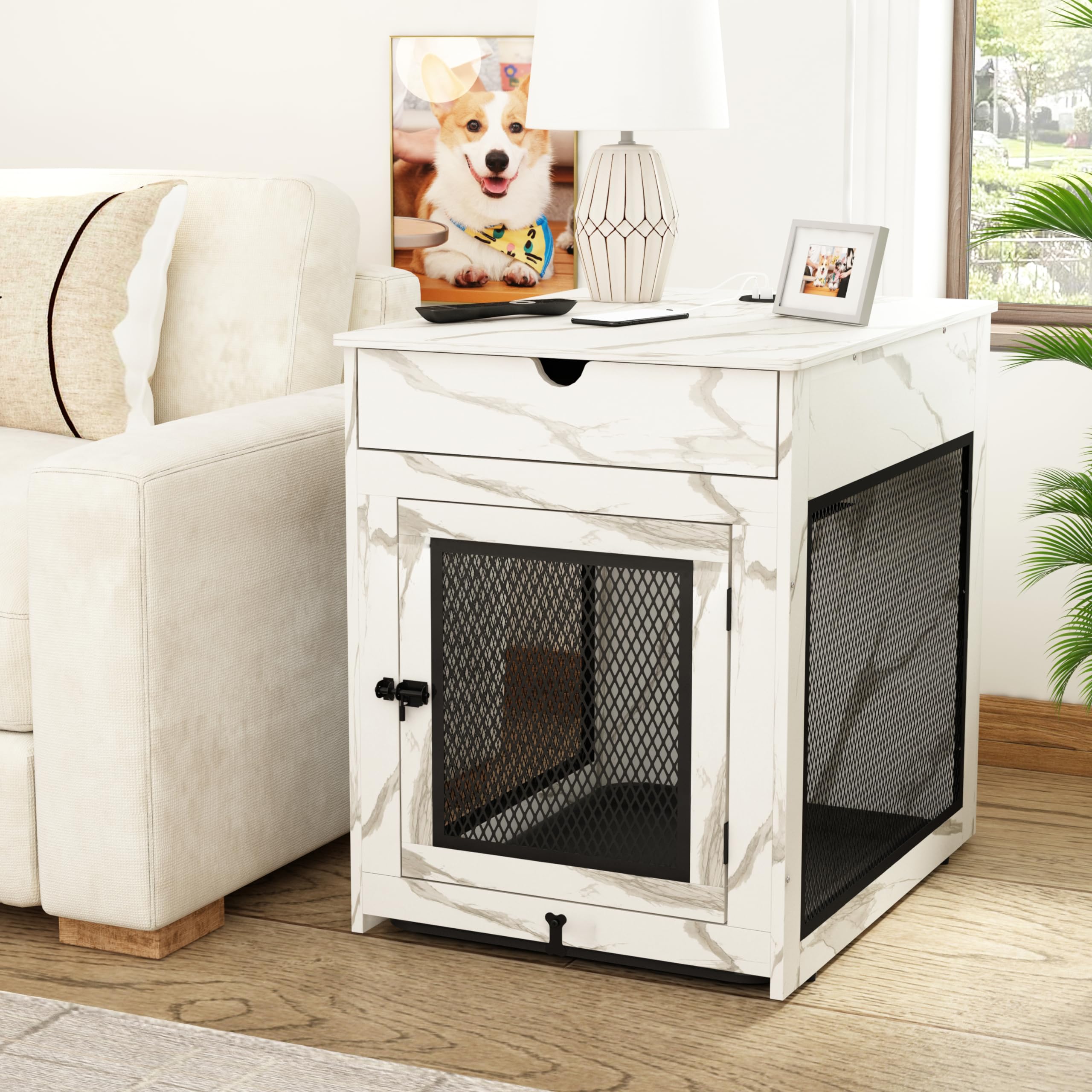Piskyet Dog Crate Furniture,Wooden Dog Crate End Table with Storage Drawer&Cushion&Tray, QC3.0 Wireless Charging,Dual USB,Medium Dogs Marble White