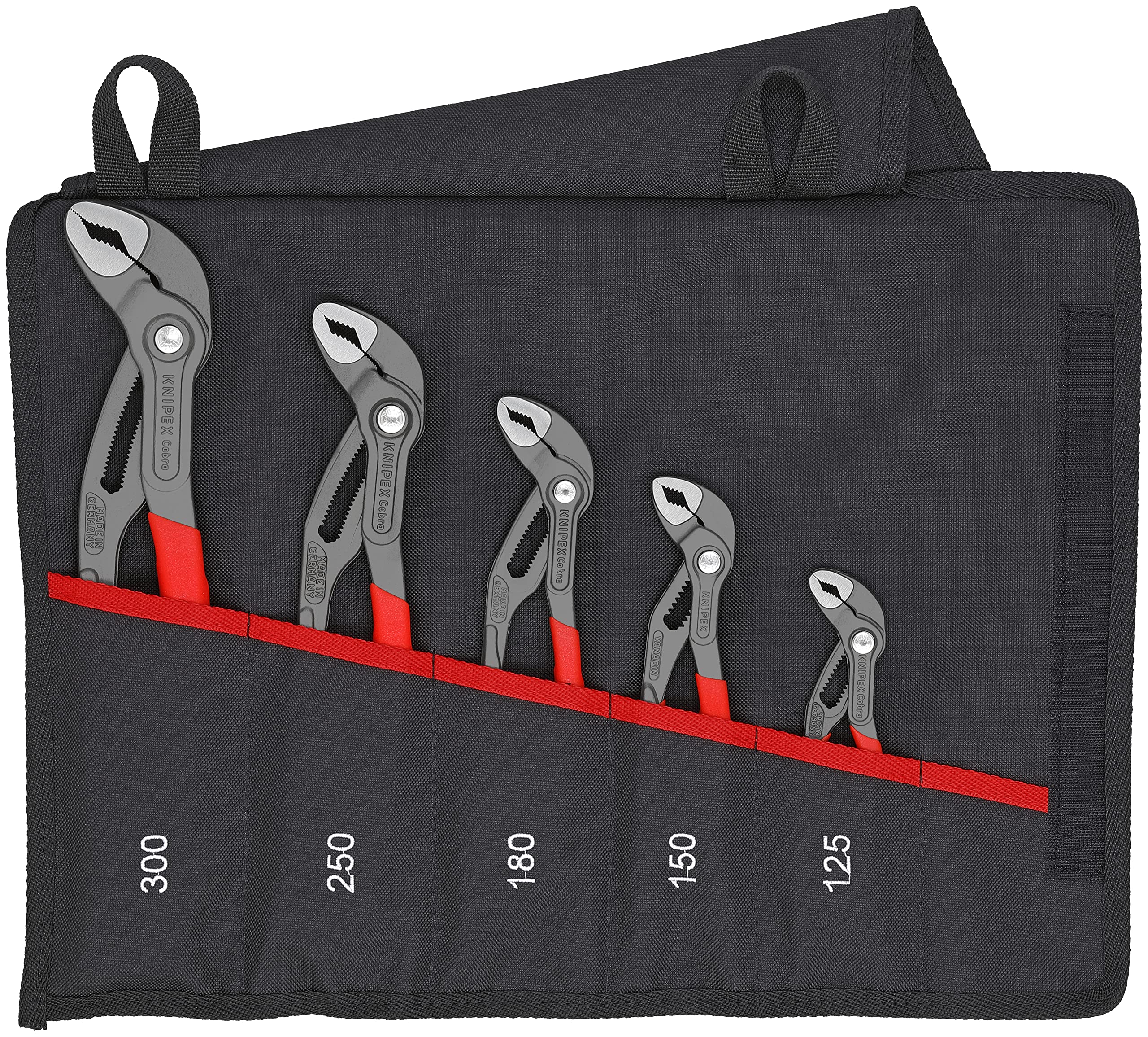 KNIPEX Cobra Set Water Pump Pliers Set, 5 Parts, 125 to 300 mm, Self-Locking Effect, in Roll-Up Bag, Tool Set, Pipe Wrench, 00 19 55 S5